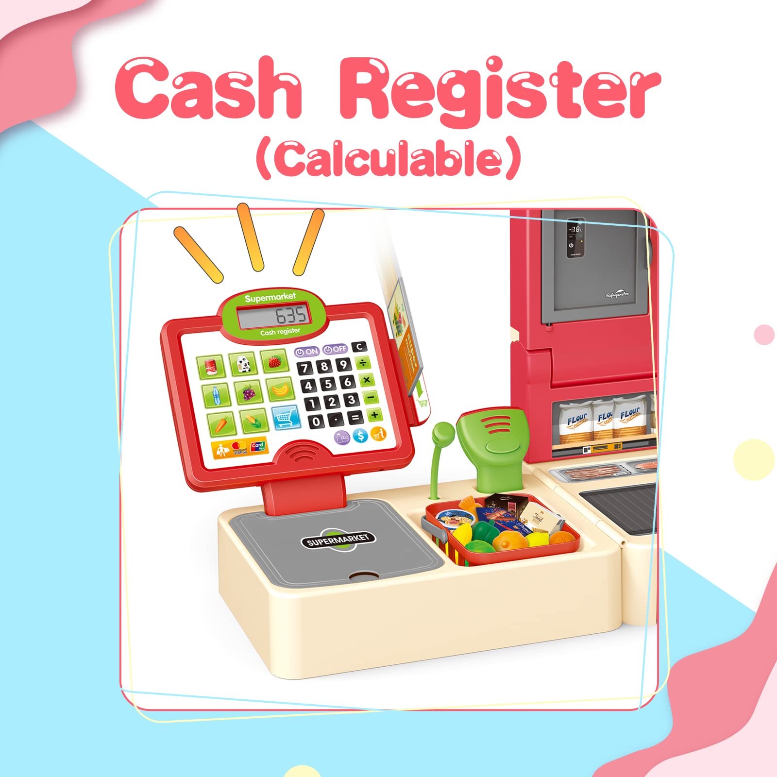 RedCrab Cash Register Toy for Kids,Toddler Store Pretend Plays Supermarket Calculator Cash Register Gift with Scanner, Play Money, Play Food for Boys & Girls 3