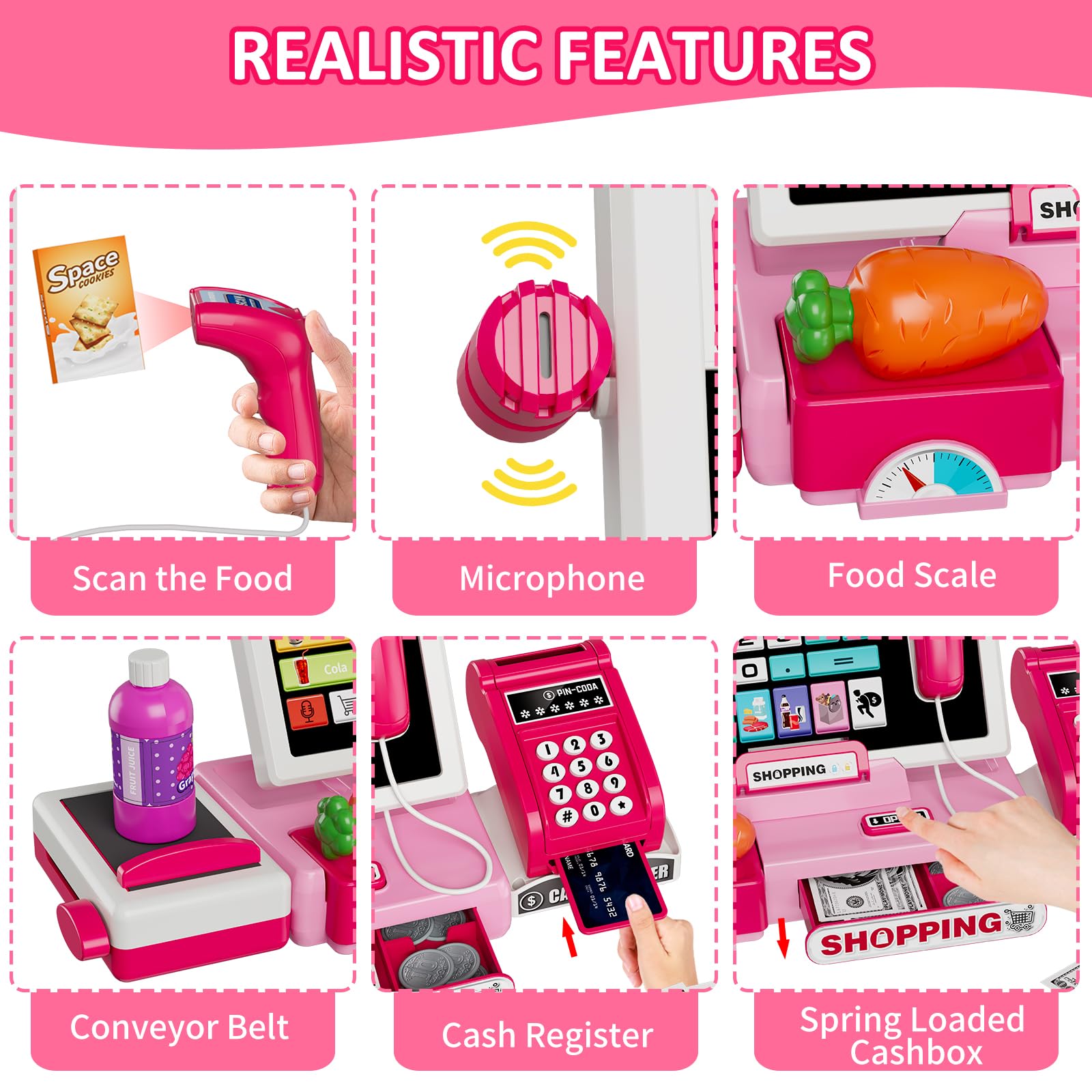 HYES Kids Cash Register Toy Playset with Real Calculator, Toddler Pretend Play Store incl Scanner/Credit Card/Play Money/Conveyor/Food Toys, Learning Toys Gifts for Girls Ages 4-8 8-12, Pink 4
