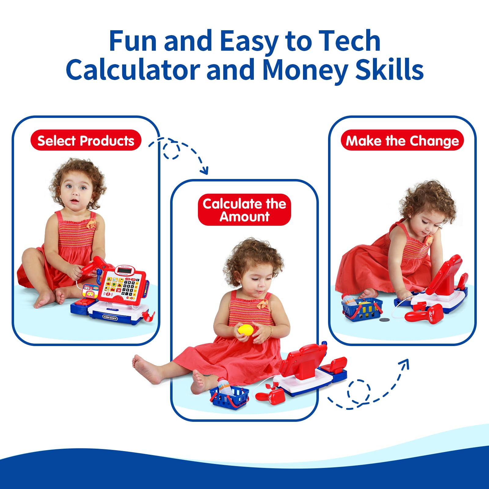 FS Toy Cash Register for Kids with Scanner, Play Money, Credit Card, Shopping Basket, Pretend Play Toys Grocery Store Items for Toddler Age 3-5-7 Years Old Boys and Girls Preschool Learning Activities 4