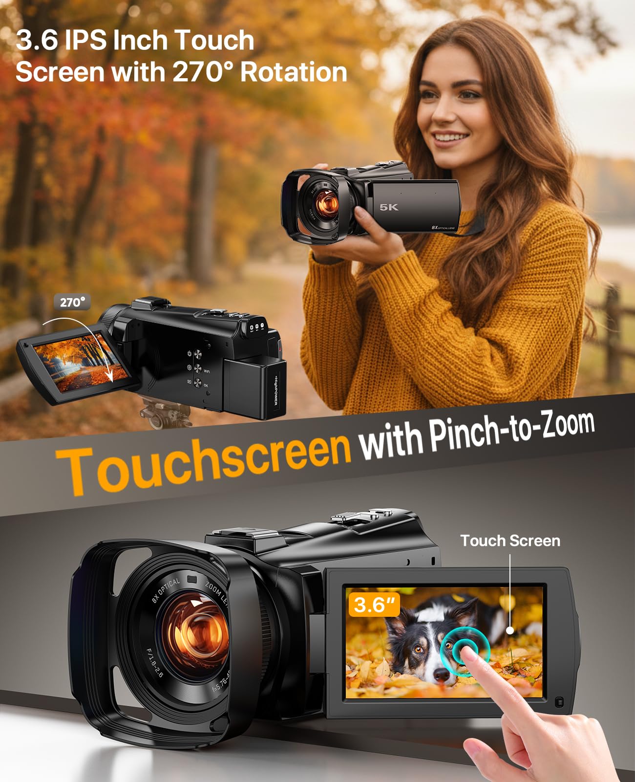 5K Video Camera Camcorder 8X Opitical Zoom Live Streaming Cameras 64MP WiFi Autofocus Vlogging Camera for Youtube with Full-color Night Vision, 3.6'' 270° IPS Touchscreen 32GB Card Video Recorder 3