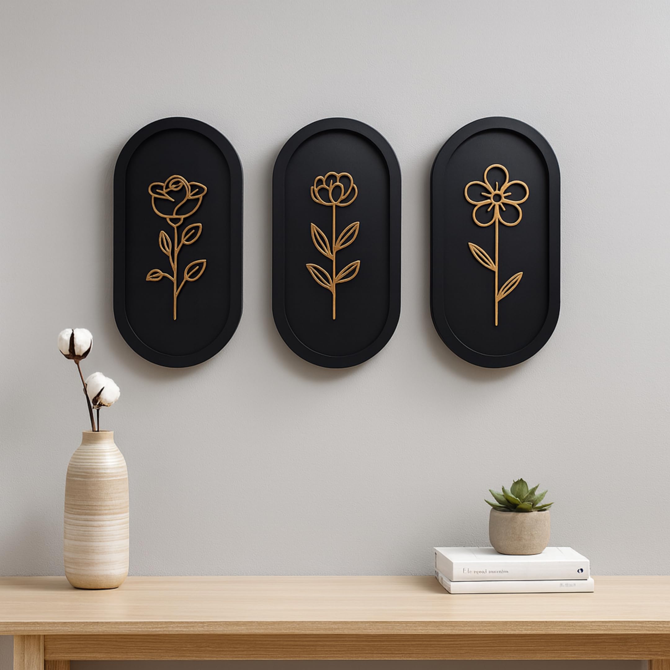 7 Decore 3 Piece Wooden Floral Wall Art Set | Modern Wall Decor for Living Room, Bedroom & Office | Elegant Home Decoration Panels | Contemporary Wall Hanging Frames 1