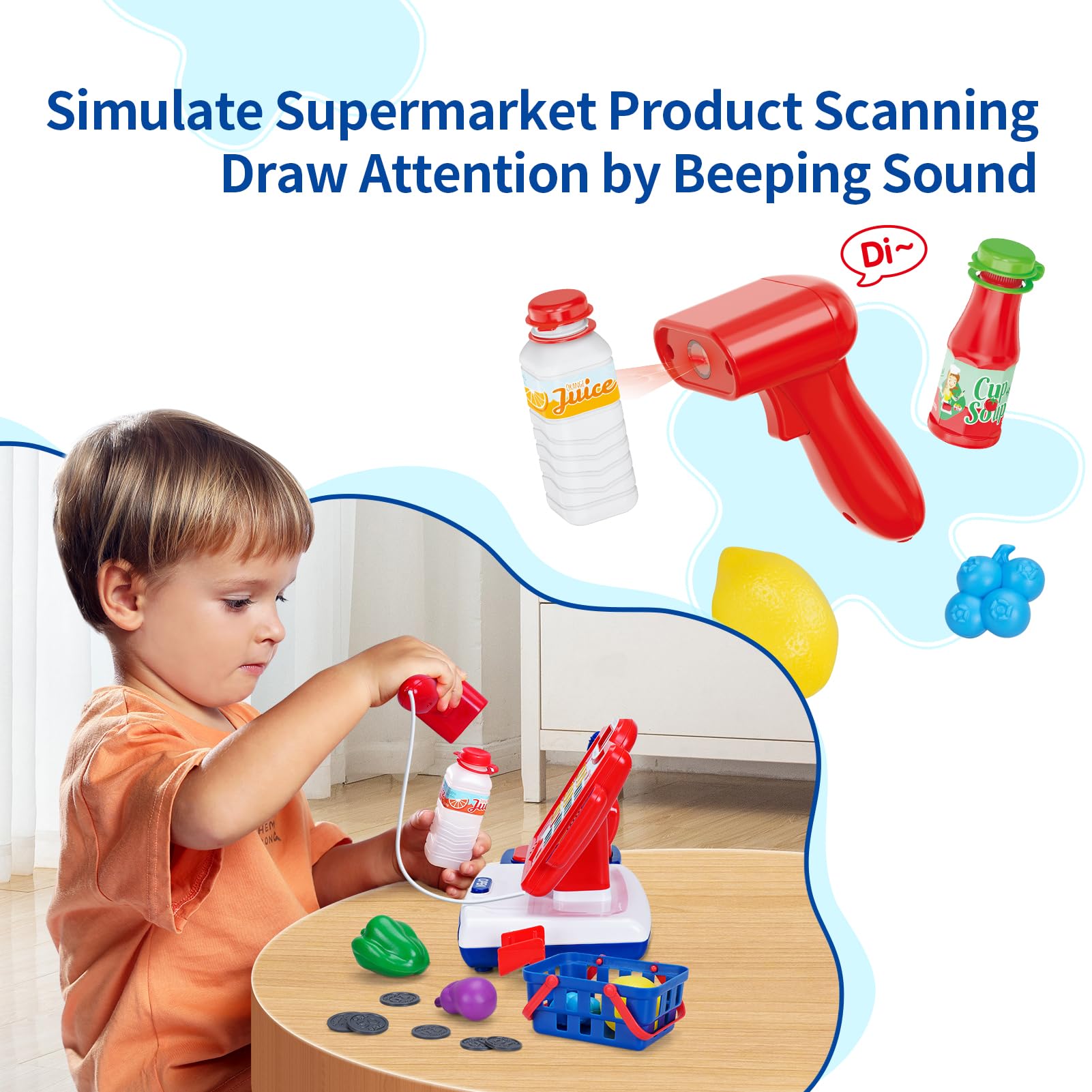 FS Toy Cash Register for Kids with Scanner, Play Money, Credit Card, Shopping Basket, Pretend Play Toys Grocery Store Items for Toddler Age 3-5-7 Years Old Boys and Girls Preschool Learning Activities 5