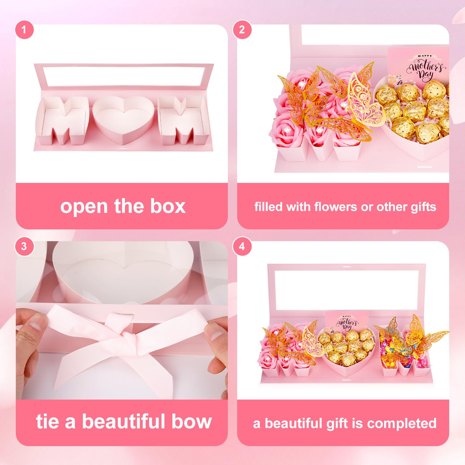 QAUYETM Empty Flower Gift Box for Mom Thicker Letter Shaped Fillable Gift Box with 10 Flowers 50 Bouquet Pins 12 Gold Decor Butterfly Raffia Paper Shreds A Card for DIY Mother's Day Birthday 4