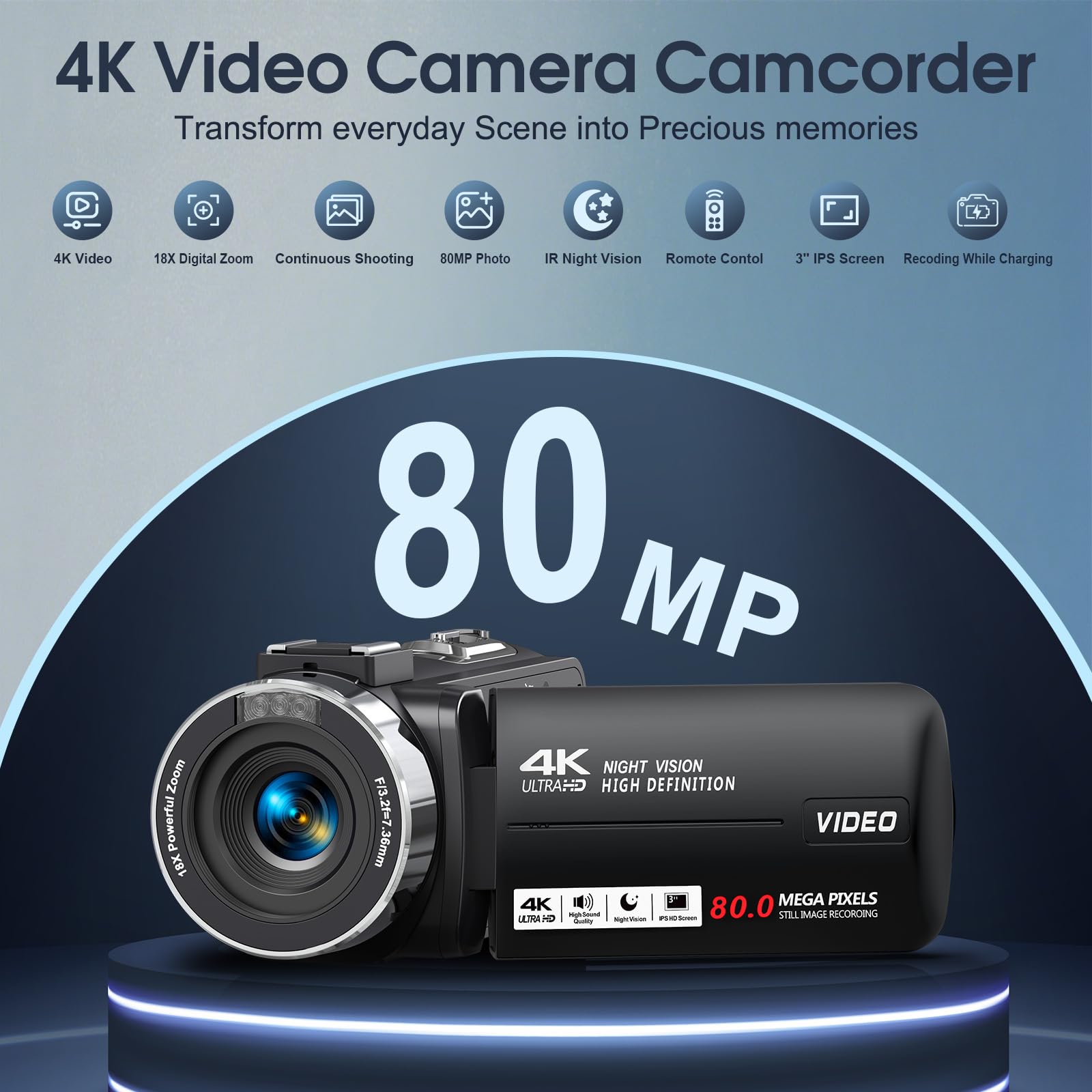 Peryoua Camcorder Video Camera 4K HD 80MP Vlogging Camera for YouTube IR Night Vision Camera 18X Digital Zoom 3.0 IPS Screen Video Recorder with 32GB SD Card, 2 Batteries and Remote Control 3