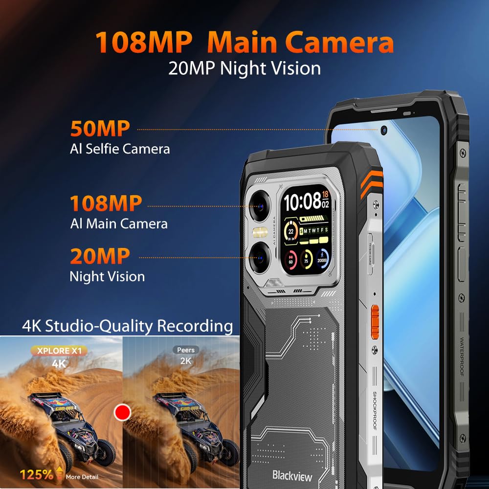 Blackview XPLORE X1 5G Rugged Phone,6.78''FHD+ 2.4K + 2,01" Rear Screen,108MP+50MP Camera Android 15 AI Mobile Phones, 36GB+256GB/2TB,10000mAh/55W IP69K Waterproof Dual SIM NFC/OTG/WiFi 6