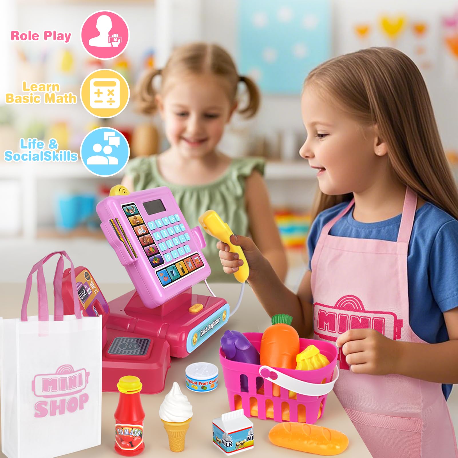 Dreamon Kids Cash Register Toy, Pretend Play Calculator Register Toys with Scanner, Apron, Credit Card, Play Food and Shopping Bag, Grocery Store Playset Preschool Gift for Kids Girls Age 3 4 5 6 7 4