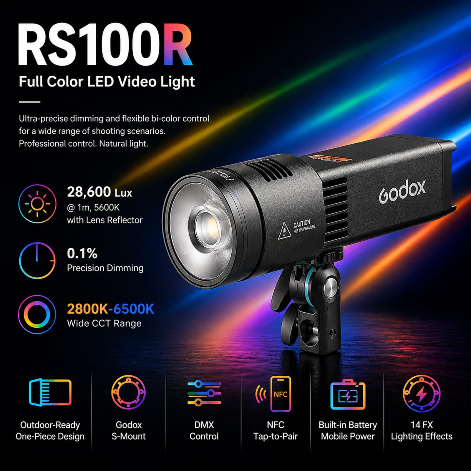 Godox RS100R 100W RGB LED Video Light, Built-in Battery COB Photography Light, 18100Lux, 1800K-10000K, 0.1% Dimming, USB-C Charging, App/DMX Control for Studio Video Streaming & Content Creation 4