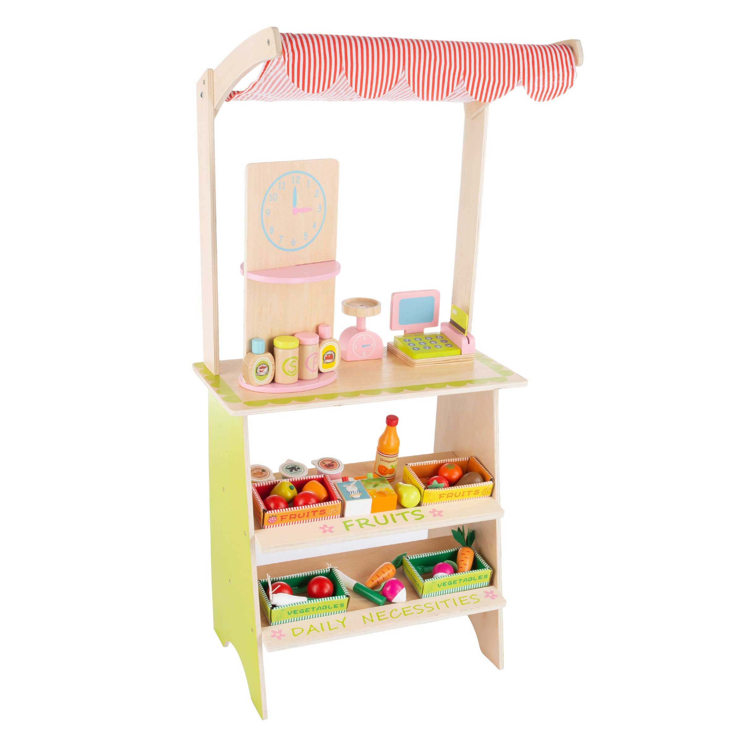 Hey! Play! Kids Fresh Market Selling Stand– Wooden Grocery Store Playset with Toy Cash Register, Pretend Credit Card and 31 Food Accessories 1