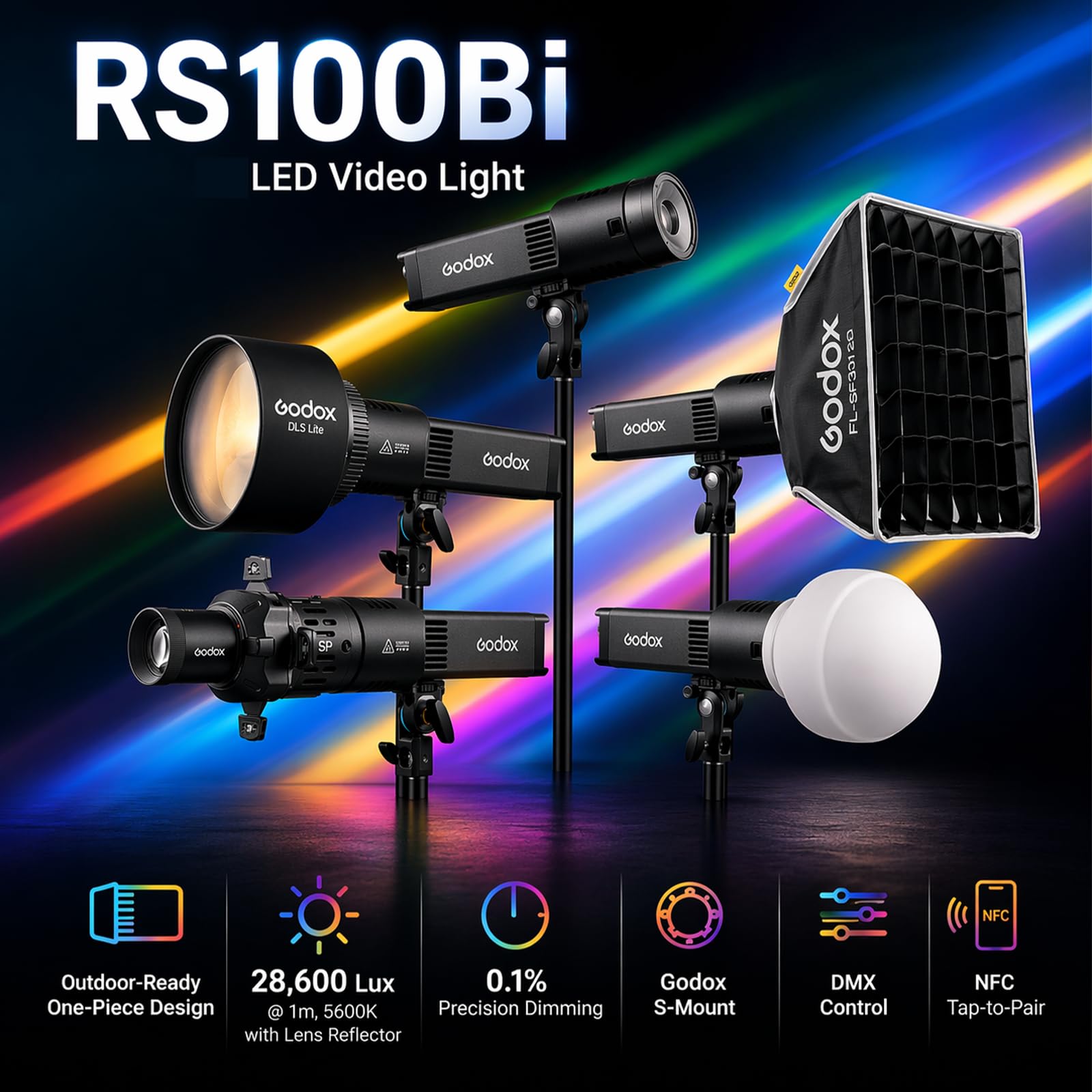 Godox RS100Bi Kit1 100W Bi-Color LED Video Light Kit with Projection SP36K, Lens Reflector, Holder AD-E2, USB-C Cable & Storage Bag, 2800K-6500K, CRI/TLCI 98, APP/DMX/NFC Control 3