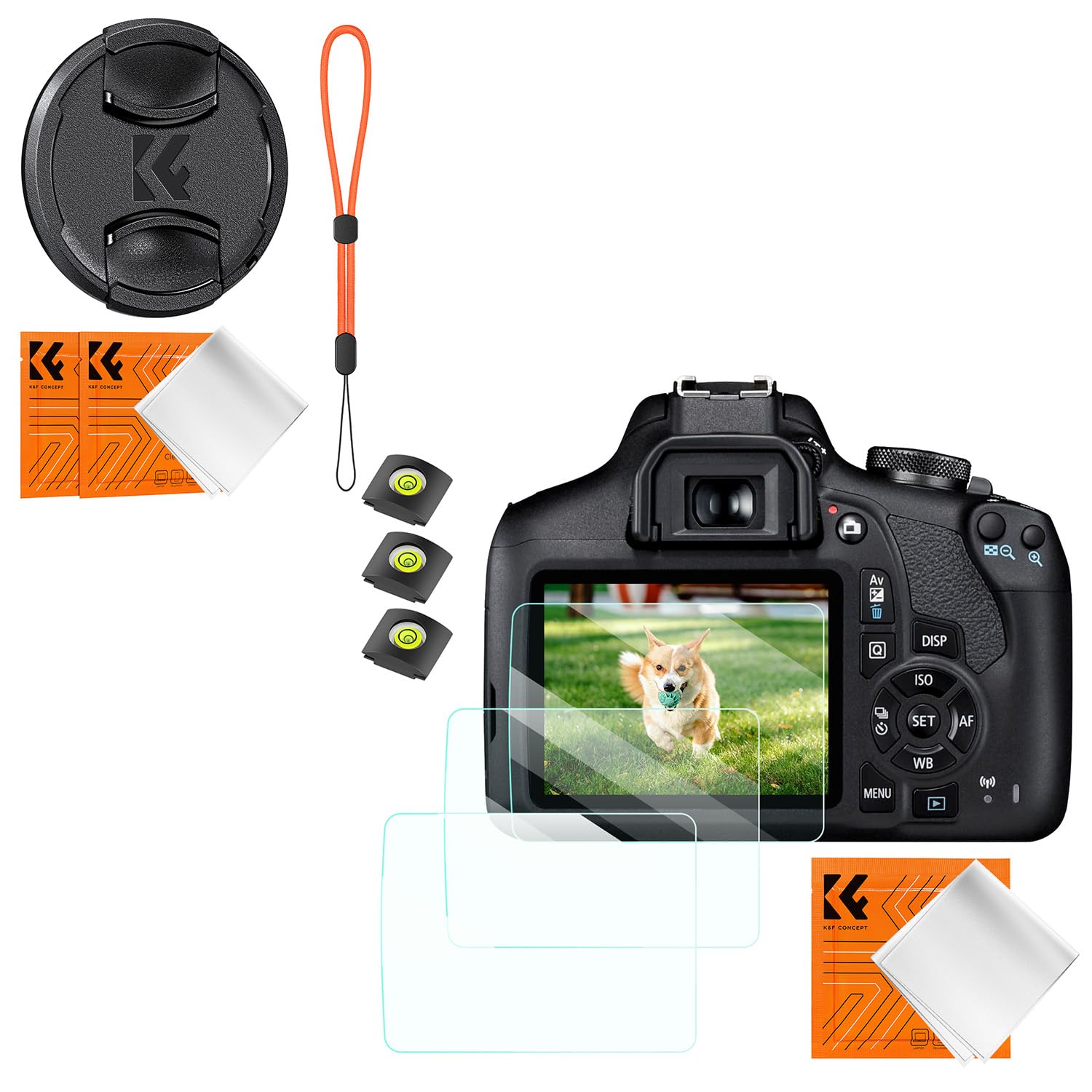 K&F CONCEPT 58mm Lens Cap Cover, 4-in-1 Center Pinch Lens Cover + Anti-Loss Keeper Leash + Microfiber Cleaning Cloth Kits + 3pcs Screen Protector Compatible with Canon 1