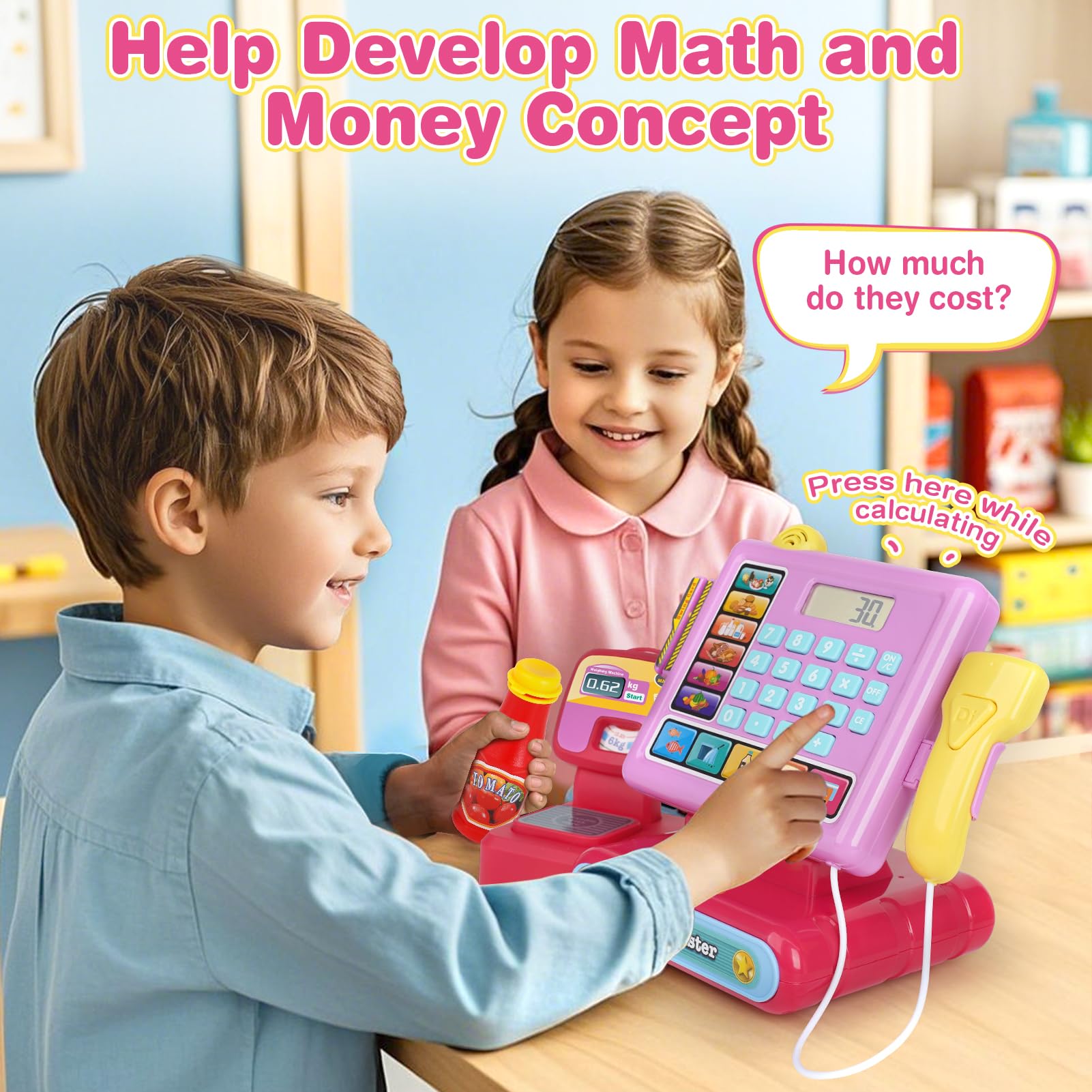 Dreamon Kids Cash Register Toy, Pretend Play Calculator Register Toys with Scanner, Apron, Credit Card, Play Food and Shopping Bag, Grocery Store Playset Preschool Gift for Kids Girls Age 3 4 5 6 7 5