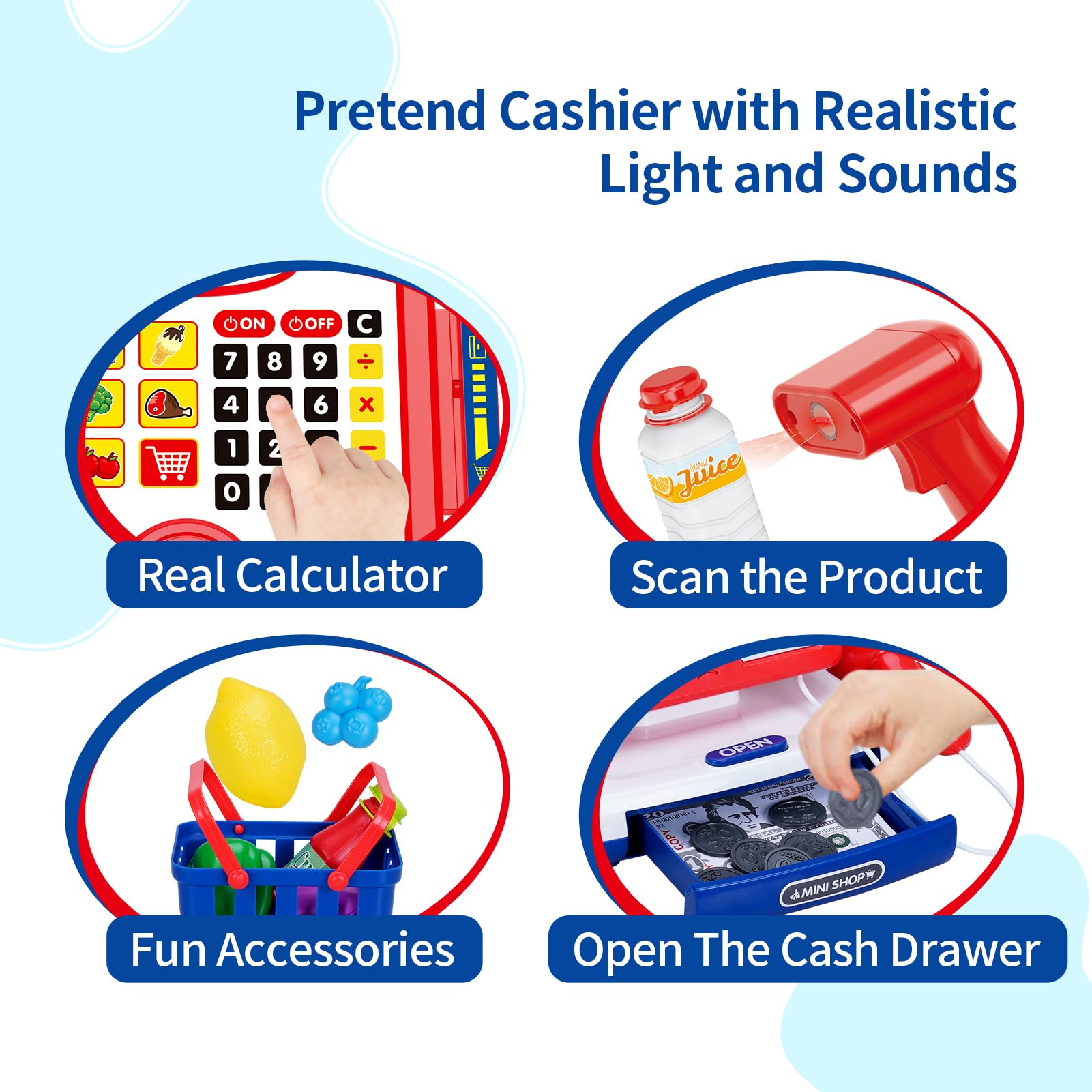 FS Toy Cash Register for Kids with Scanner, Play Money, Credit Card, Shopping Basket, Pretend Play Toys Grocery Store Items for Toddler Age 3-5-7 Years Old Boys and Girls Preschool Learning Activities 3