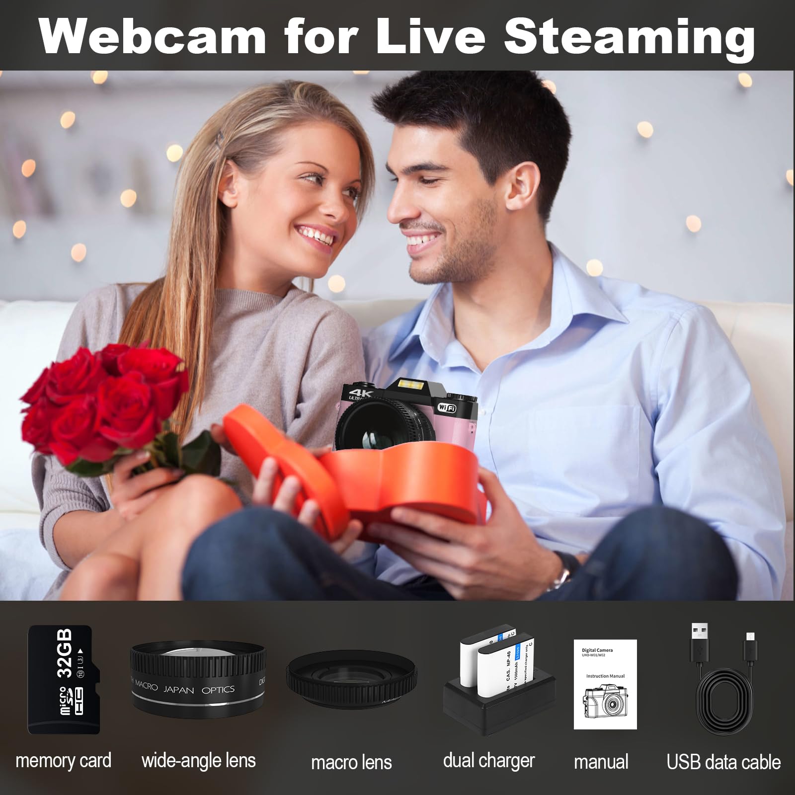 Digital Camera for Photography 48MP 30FPS Vlogging Camera for YouTube with 16X Digital Zoom 3 inch 180° Flip Screen 52mm Wide-Angle Lens & Macro Lens, 32G Micro Card 5