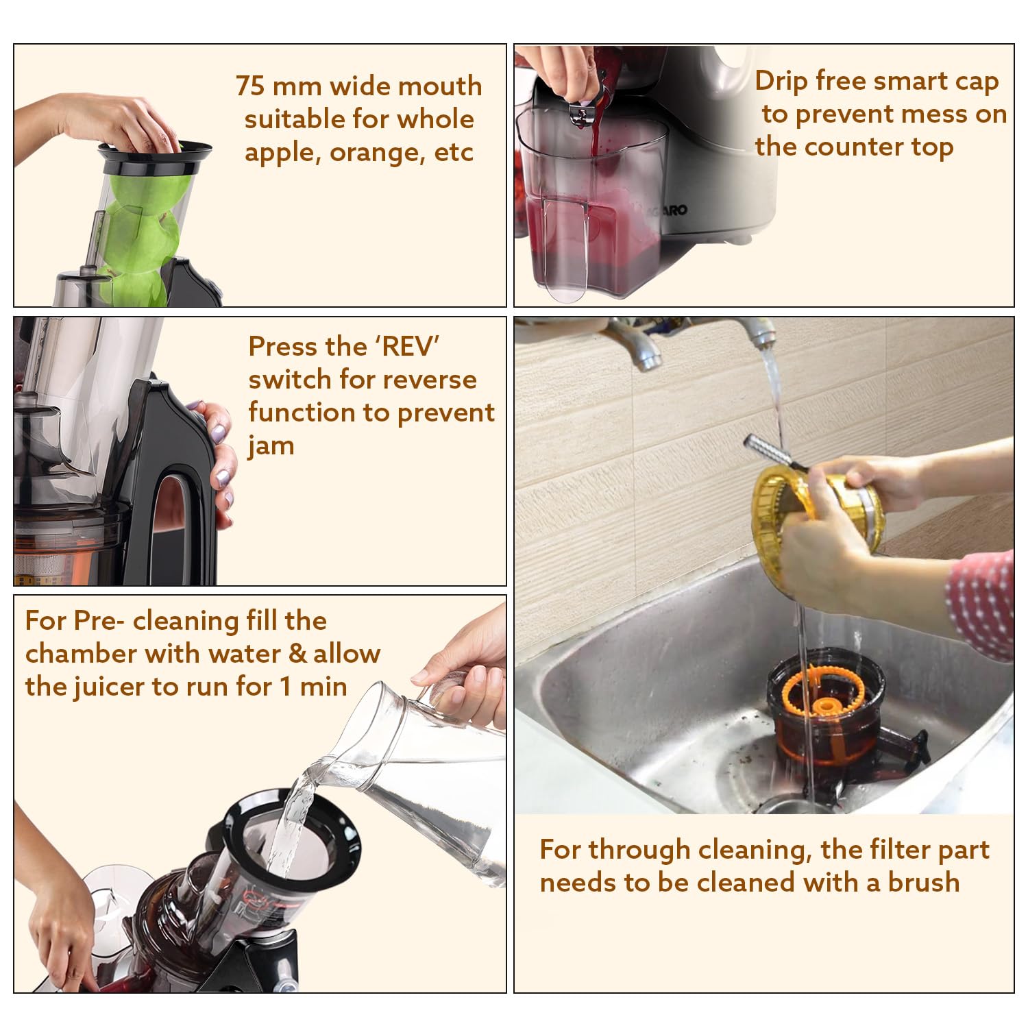 AGARO Royal Slow Juicer, Professional Cold Press Whole Slow Juicer, 240 Watts Power Motor, 120 Minutes Long Usage, 3 Strainers, All-in-1 Fruit & Vegetable Juicer, Black 5