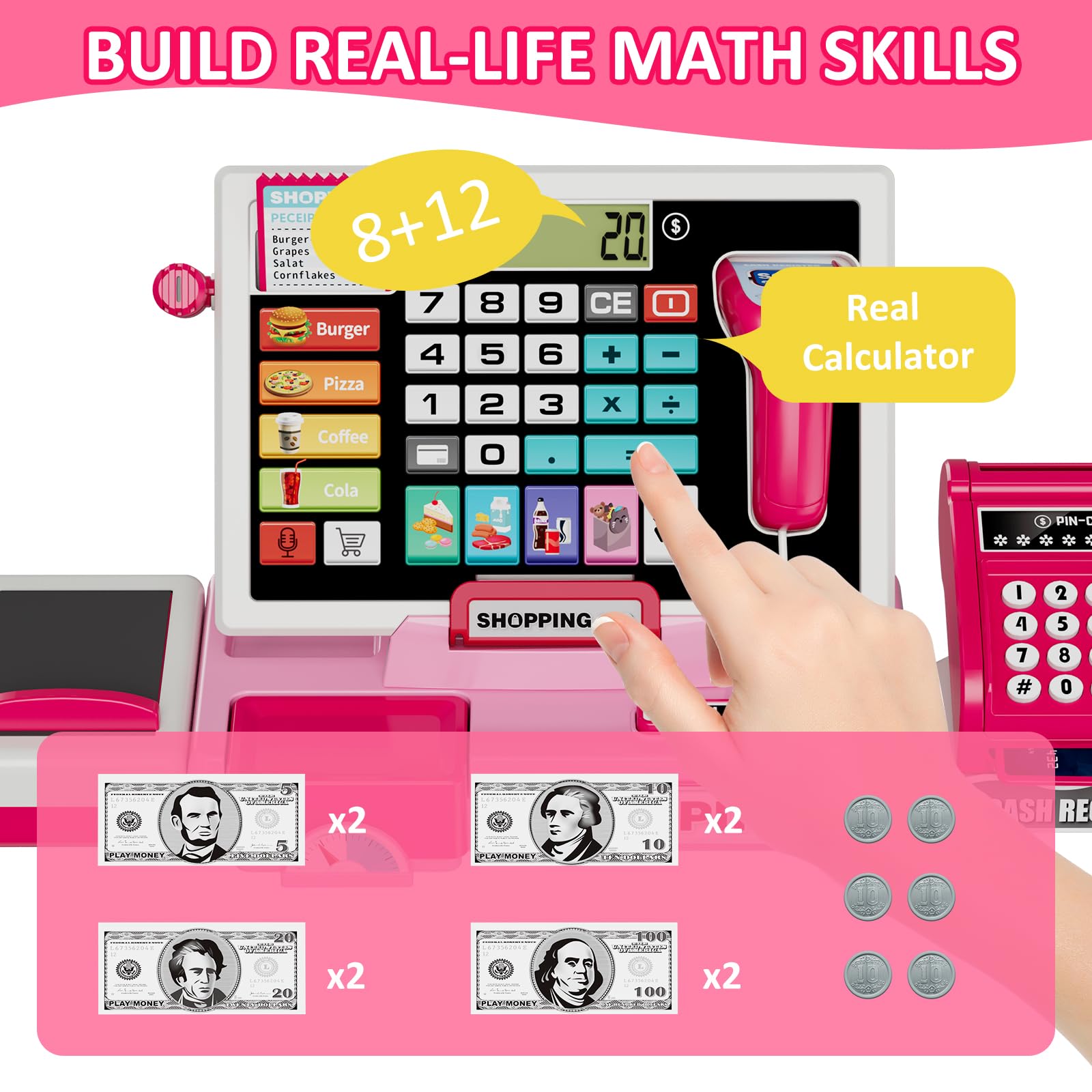 HYES Kids Cash Register Toy Playset with Real Calculator, Toddler Pretend Play Store incl Scanner/Credit Card/Play Money/Conveyor/Food Toys, Learning Toys Gifts for Girls Ages 4-8 8-12, Pink 5