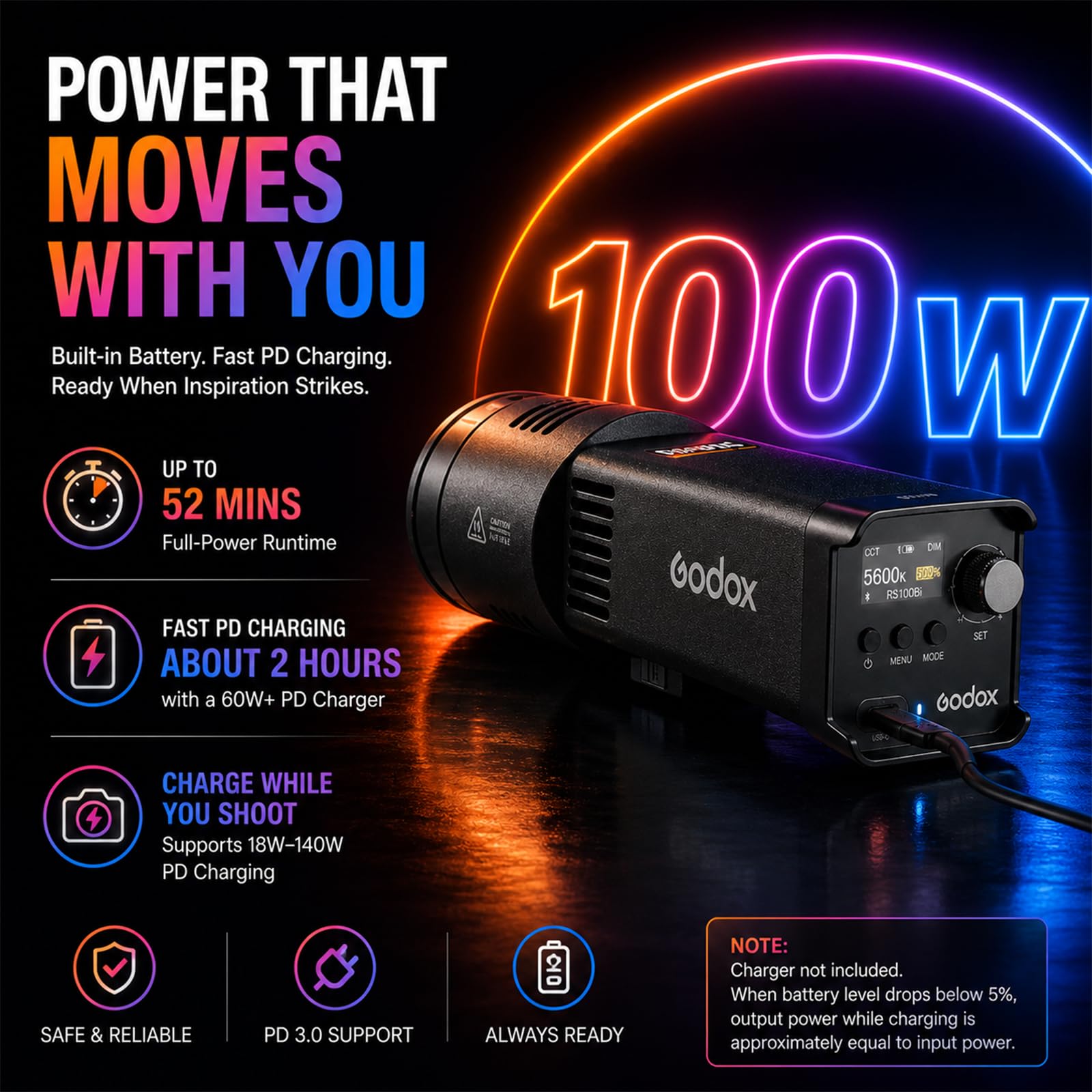Godox RS100R 100W RGB LED Video Light, Built-in Battery COB Photography Light, 18100Lux, 1800K-10000K, 0.1% Dimming, USB-C Charging, App/DMX Control for Studio Video Streaming & Content Creation 6