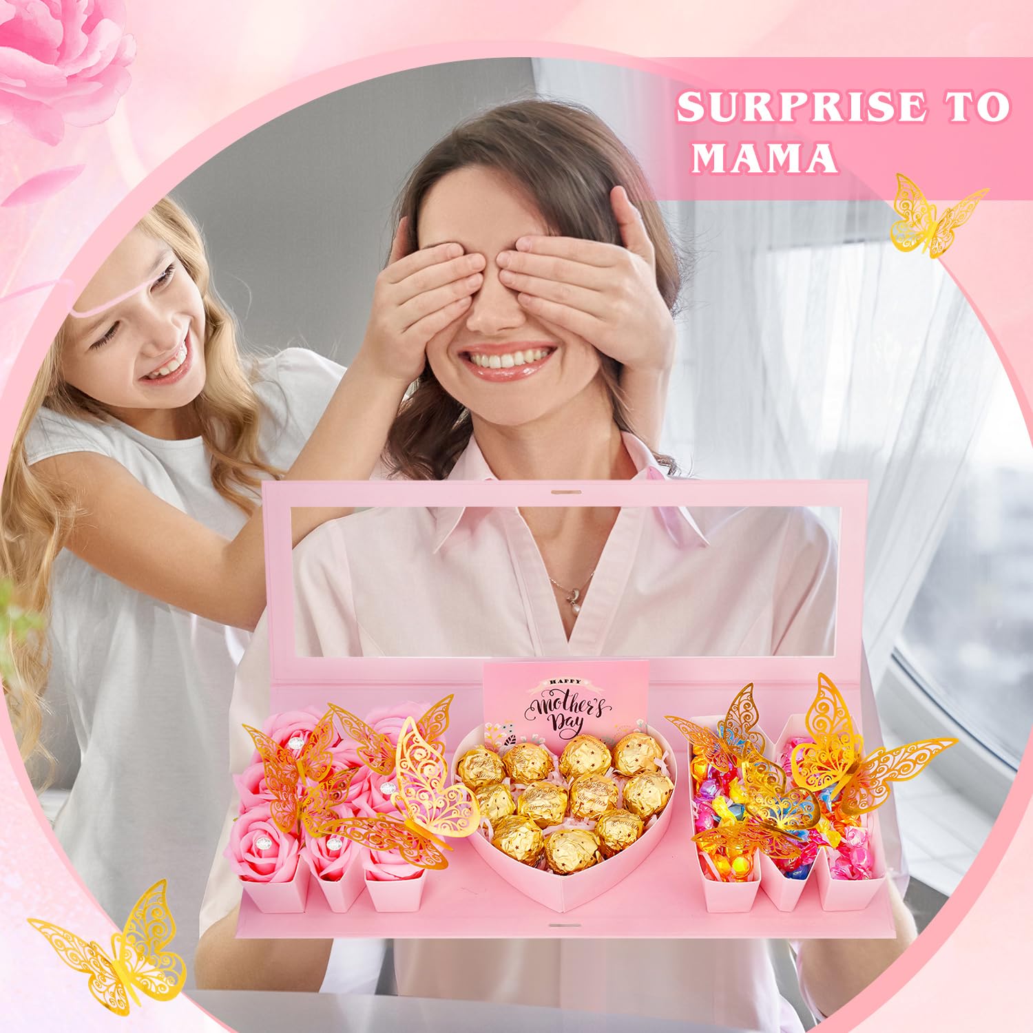 QAUYETM Empty Flower Gift Box for Mom Thicker Letter Shaped Fillable Gift Box with 10 Flowers 50 Bouquet Pins 12 Gold Decor Butterfly Raffia Paper Shreds A Card for DIY Mother's Day Birthday 6