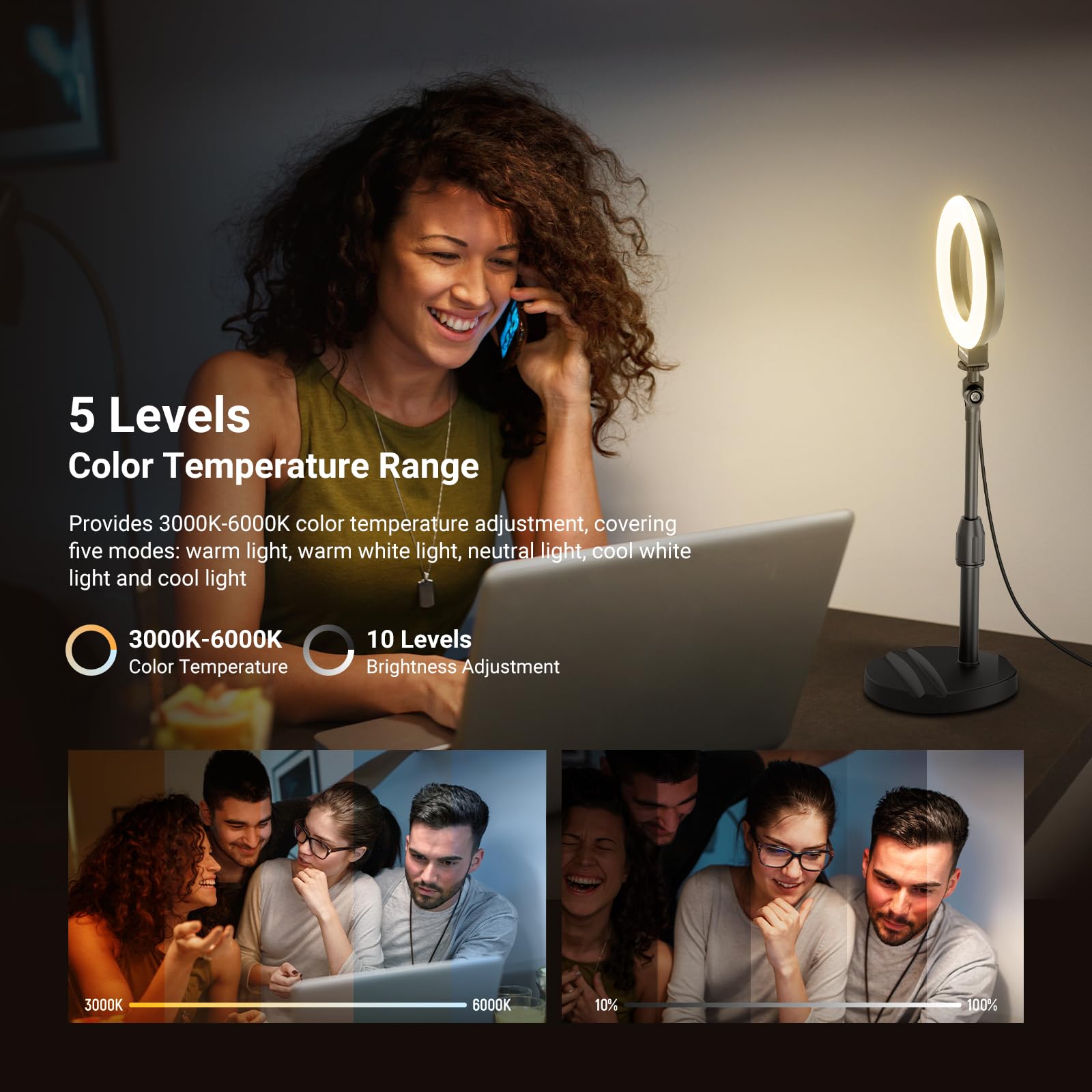 NEEWER Basics 5" LED Desktop Ring Light with Stand, Monitor Clamp, 10W, Compatible with iPhone Desk Computer Laptop Webcam Phone for Selfie Makeup Recording Zoom Video Conference Lighting, Black BR60 4