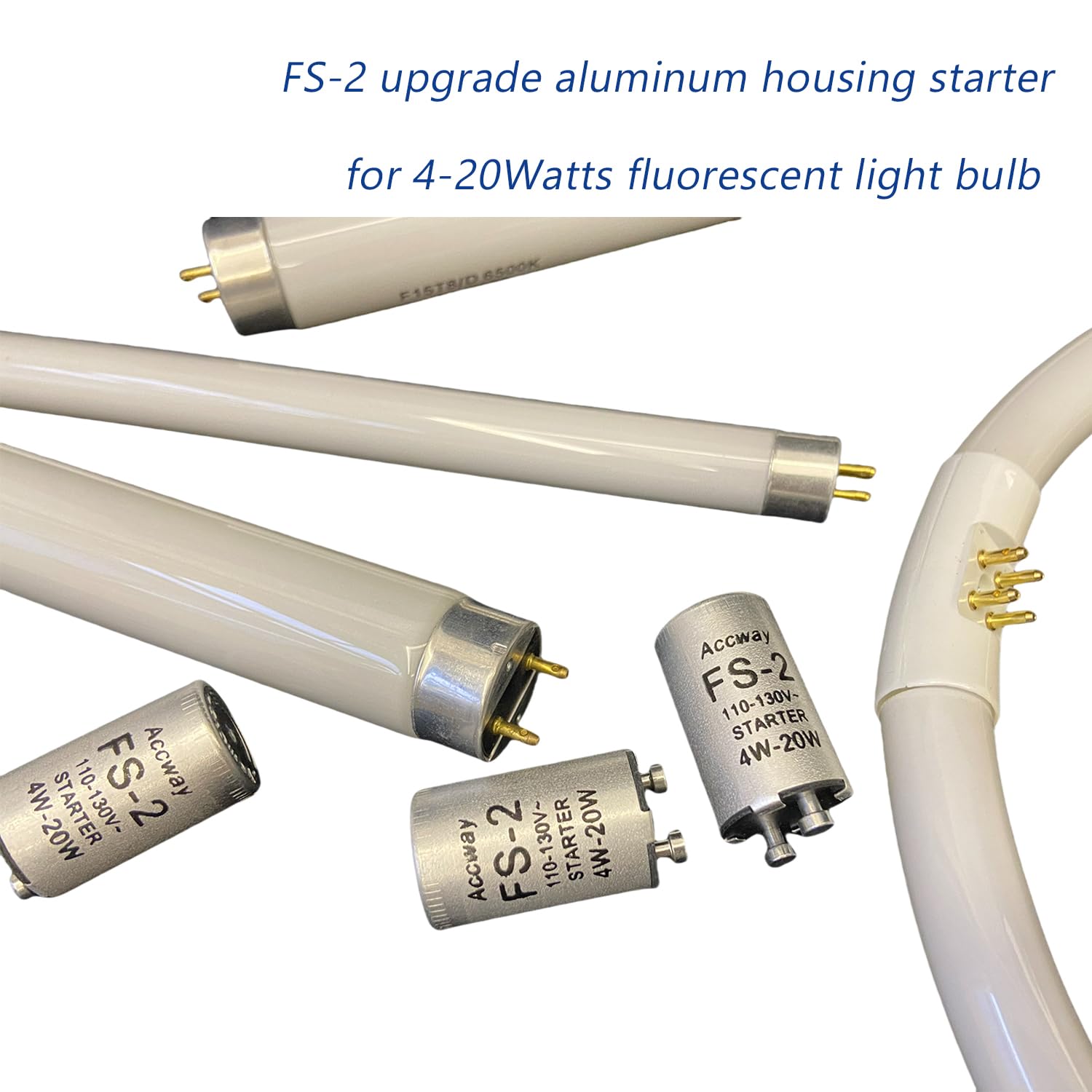 Accway 4pack Aluminum Housing FS-2 Fluorescent Starter for 4-20 watts, FS-2/S2 Preheat Fluorescent Light Bulbs Starter with Condenser 6