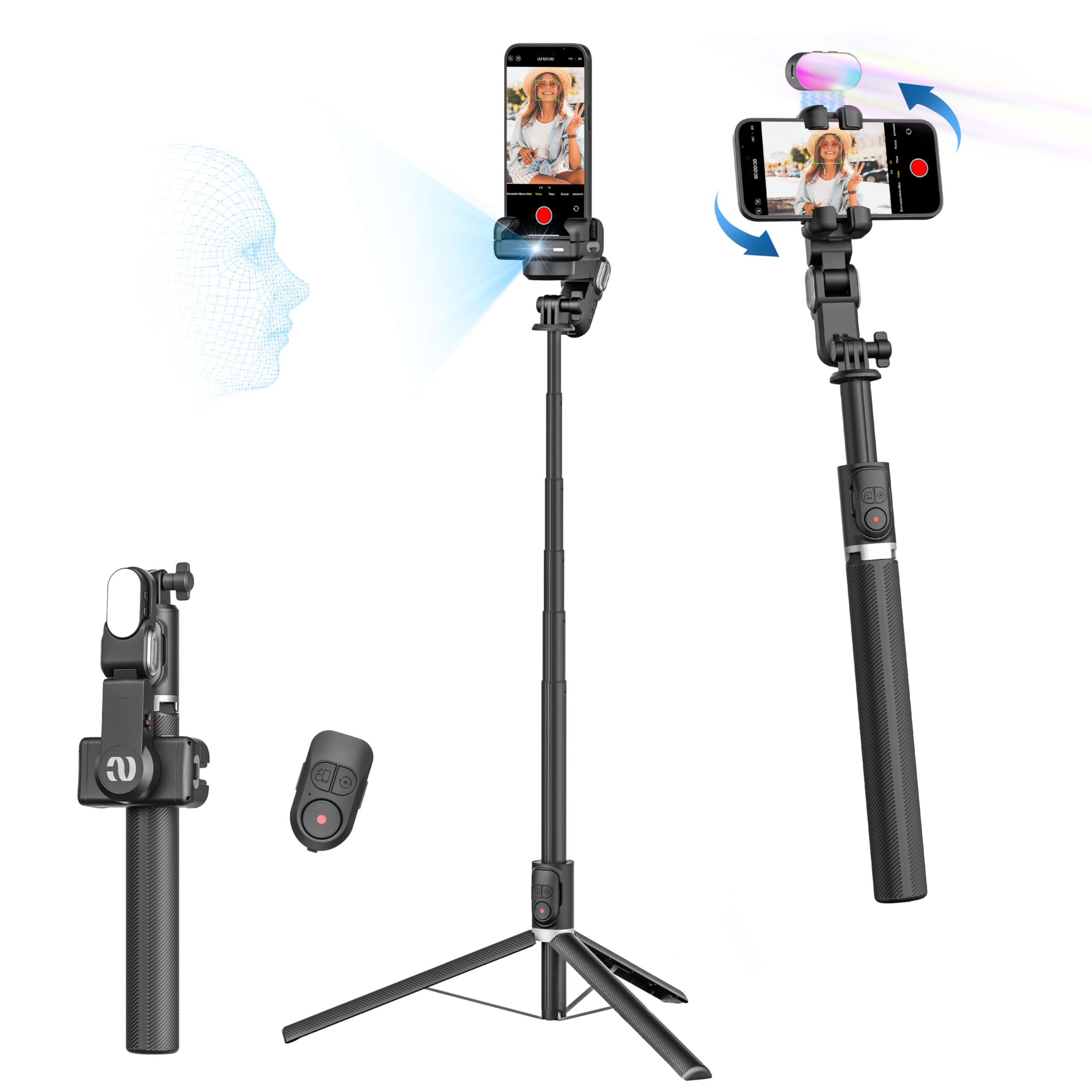 AOCHUAN Auto Face Tracking Tripod 360 Rotation for iPhone Android,Phone Stand Follow You for Video Recording,Selfie Stick Tripod with RGB Light,Remote Control for YouTube,TikTok Vlogging(M2Pro Black) 1