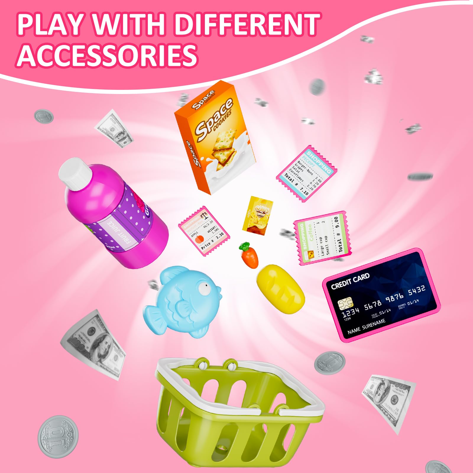 HYES Kids Cash Register Toy Playset with Real Calculator, Toddler Pretend Play Store incl Scanner/Credit Card/Play Money/Conveyor/Food Toys, Learning Toys Gifts for Girls Ages 4-8 8-12, Pink 6