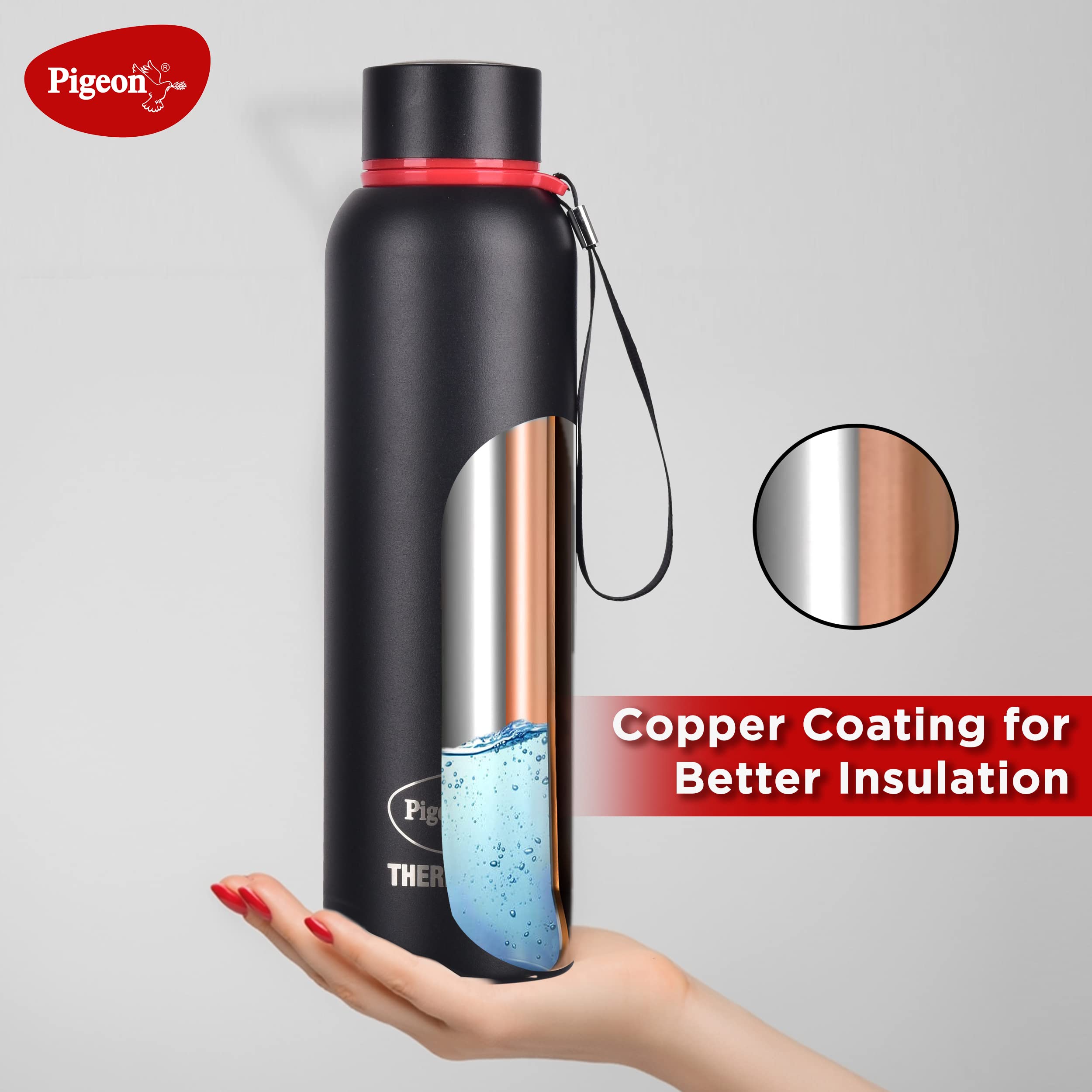 Pigeon by Stovekraft Croma Galaxy Stainless Steel Double Walled Leak Proof Thermos Water Bottle with Copper Coating Inside for Better Hot and Cold Retention 800 ml (Black) (1 Year Warranty) 4