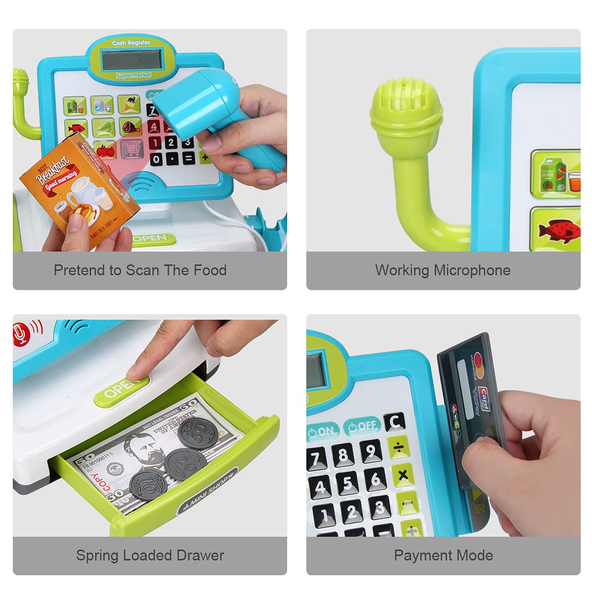 FS Pretend Play Calculator Cash Register Toy as Preschool Gift for Kids, Classic Count Toy with Sound, Microphone, Scanner, Pretend Credit Card, Play Food for Boys & Girls,45 Pieces, Ages 3 4 5 6 7 4
