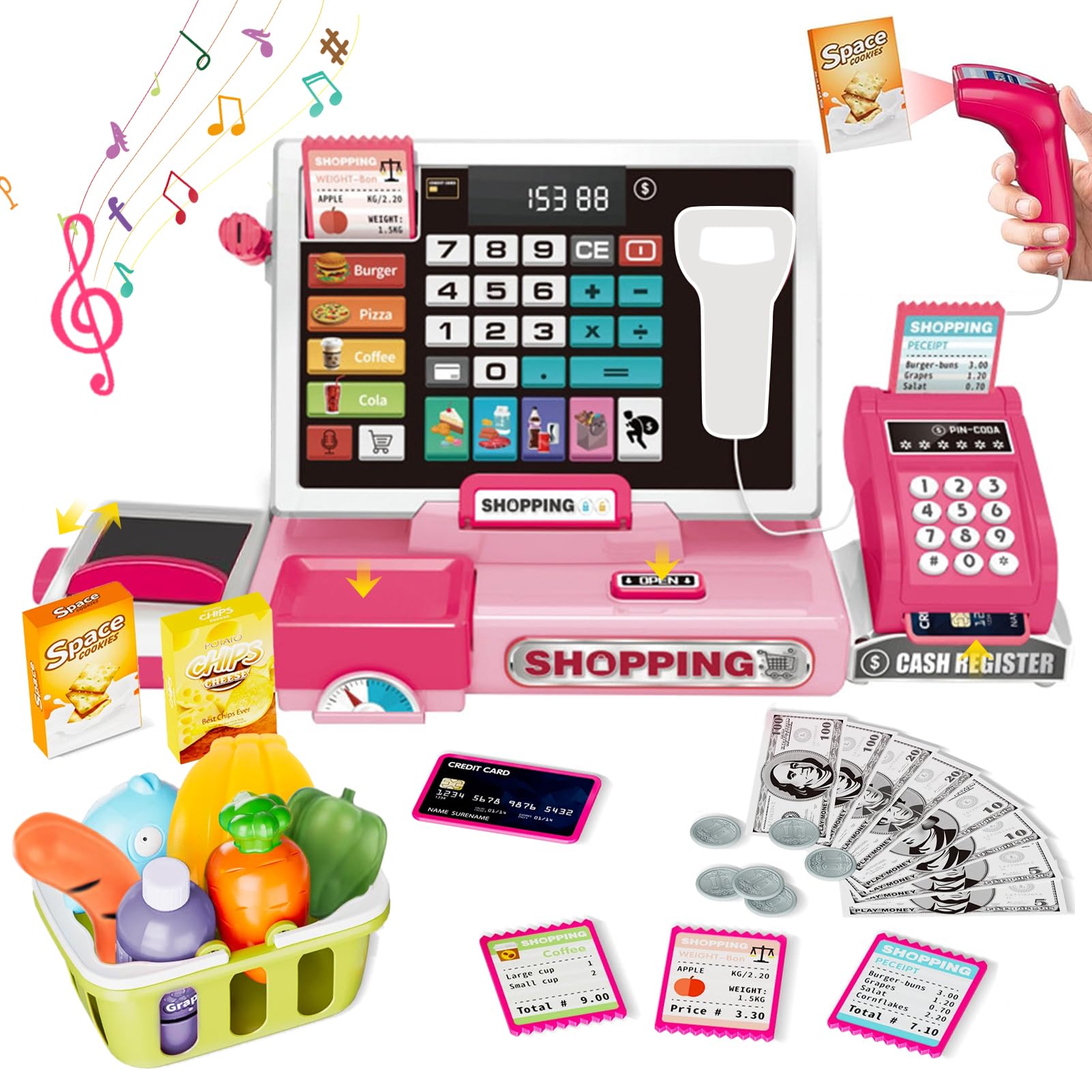 VOPOGLNE Cash Register Playset Toy for Kids, Real Calculator Register, Pretend Play Store with Music, Scanner, Play Money, Food, Microphone, Preschool Learning Toy Playset Gift for Toddler Boy Girl 1