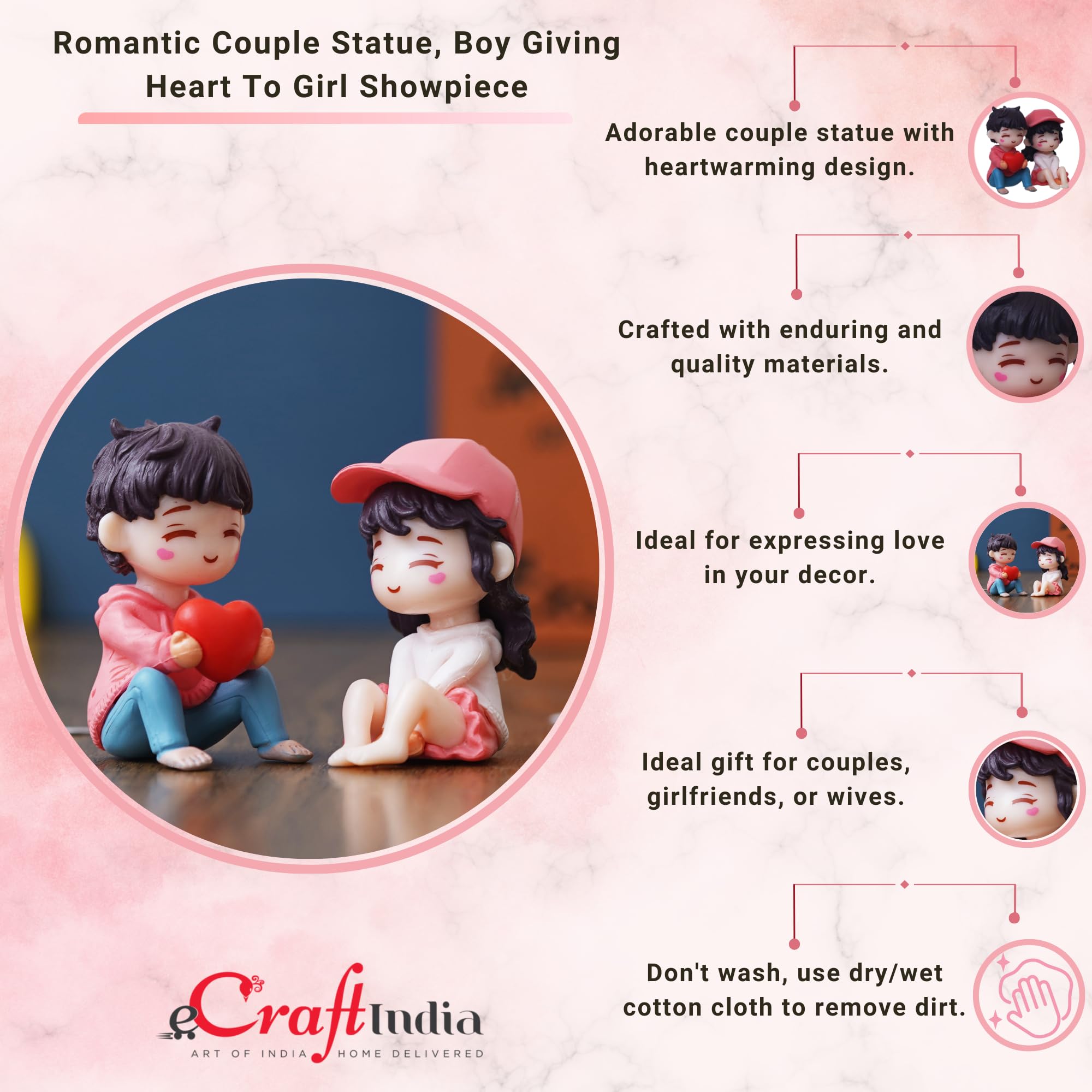 eCraftIndia Miniature Cute Romantic Couple Statue, Boy Giving Heart to Girl Decorative Showpiece - Valentine's Day Gifts for Girlfriend, Boyfriend, Husband, Wife (Polyresin, Multicolor) 6