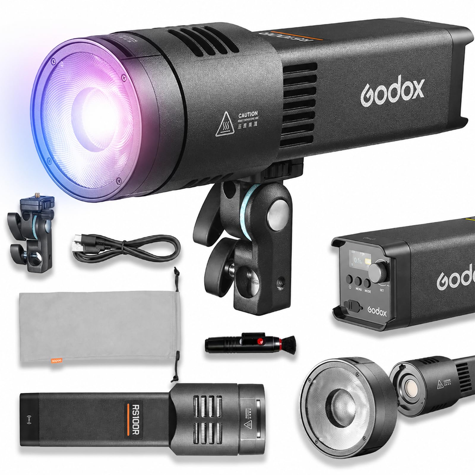Godox RS100R 100W RGB LED Video Light, Built-in Battery COB Photography Light, 18100Lux, 1800K-10000K, 0.1% Dimming, USB-C Charging, App/DMX Control for Studio Video Streaming & Content Creation 1