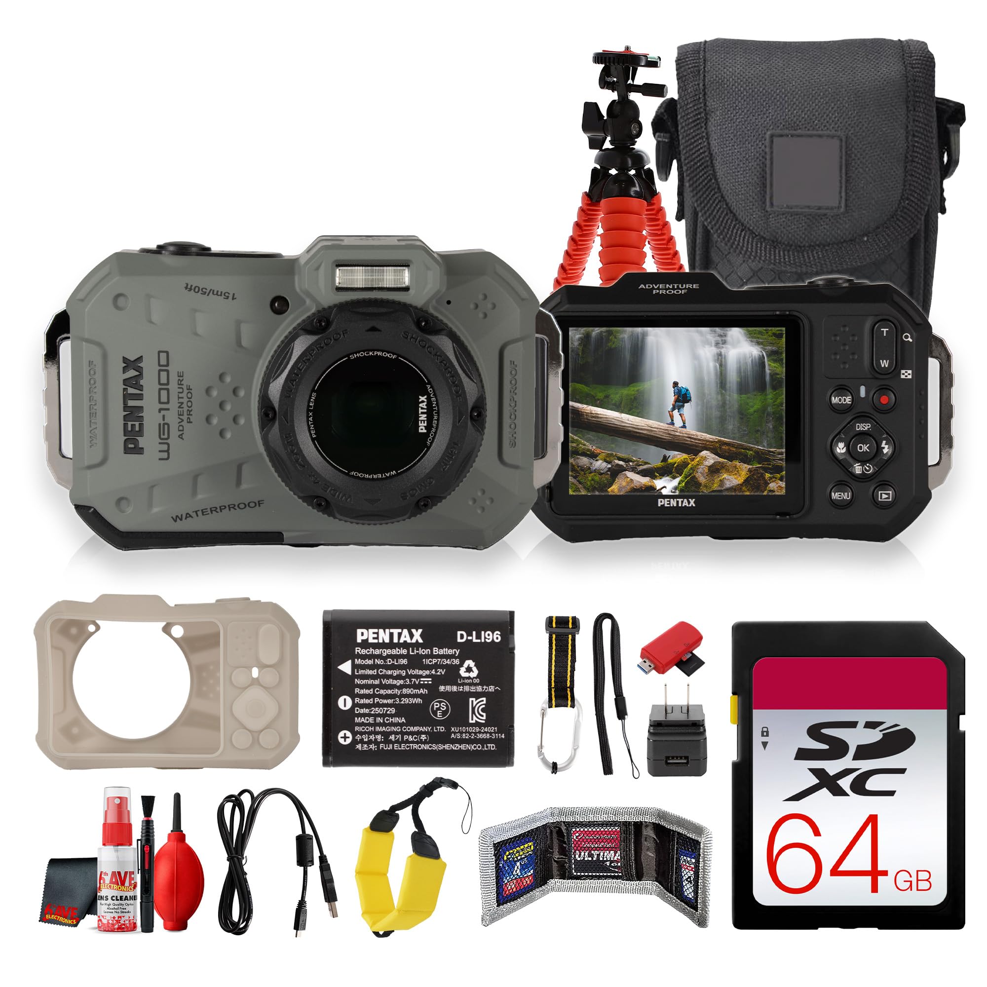 Ricoh PENTAX WG-1000 Digital Camera Olive | Compact Point and Shoot Camera for Travel, Everyday Photos and Outdoor Use (02164) + 64GB Card +More (15pc Bundle) 1