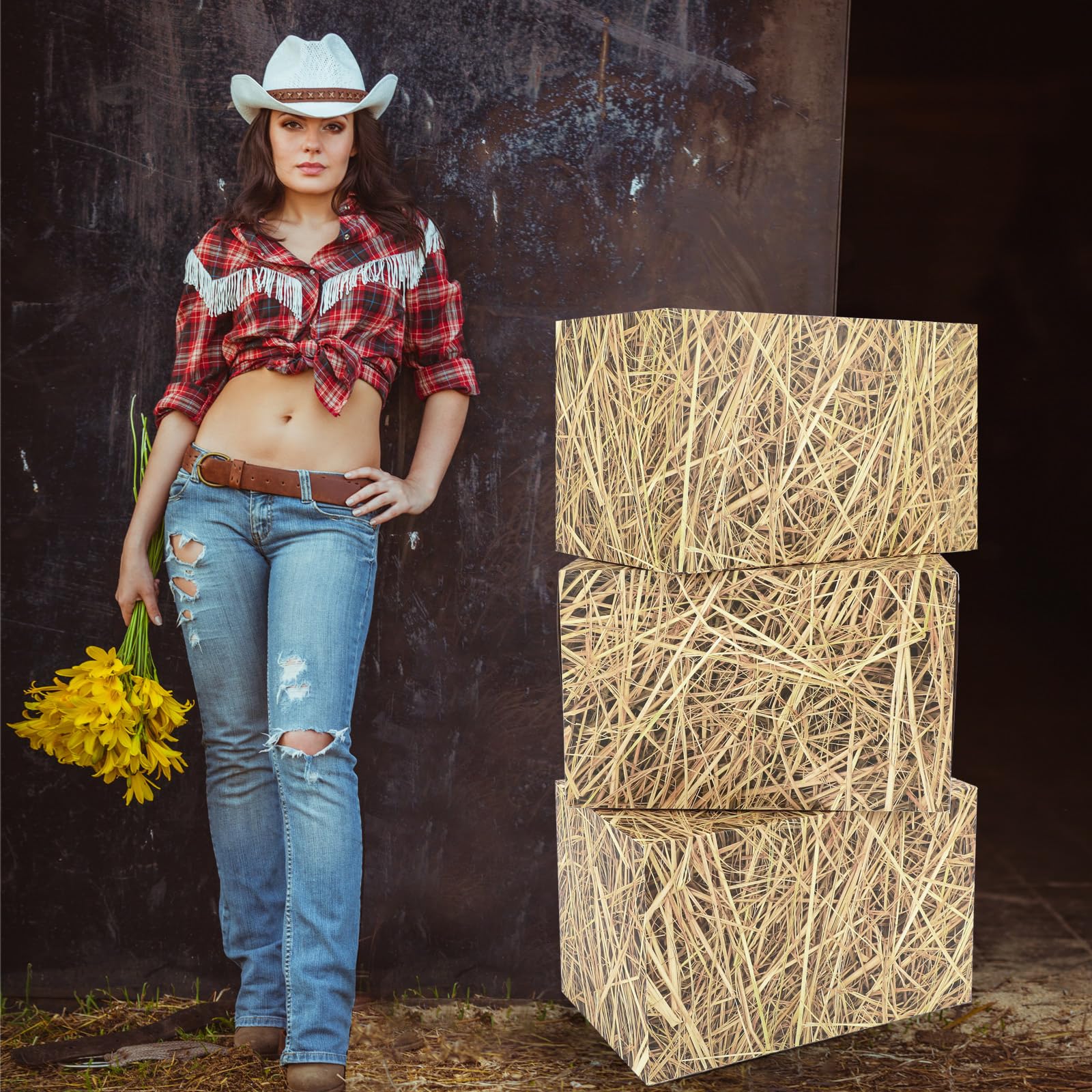 AmazingSpark 12pcs Hay Bales Paper Boxes Decor 15.7 x 9.8 x 9.8 Inch, Western Cowboy Party Straw Decor Box Photo Booth Props for Rustic Farm Country Farmhouse Retro Birthday Party Supplies 6