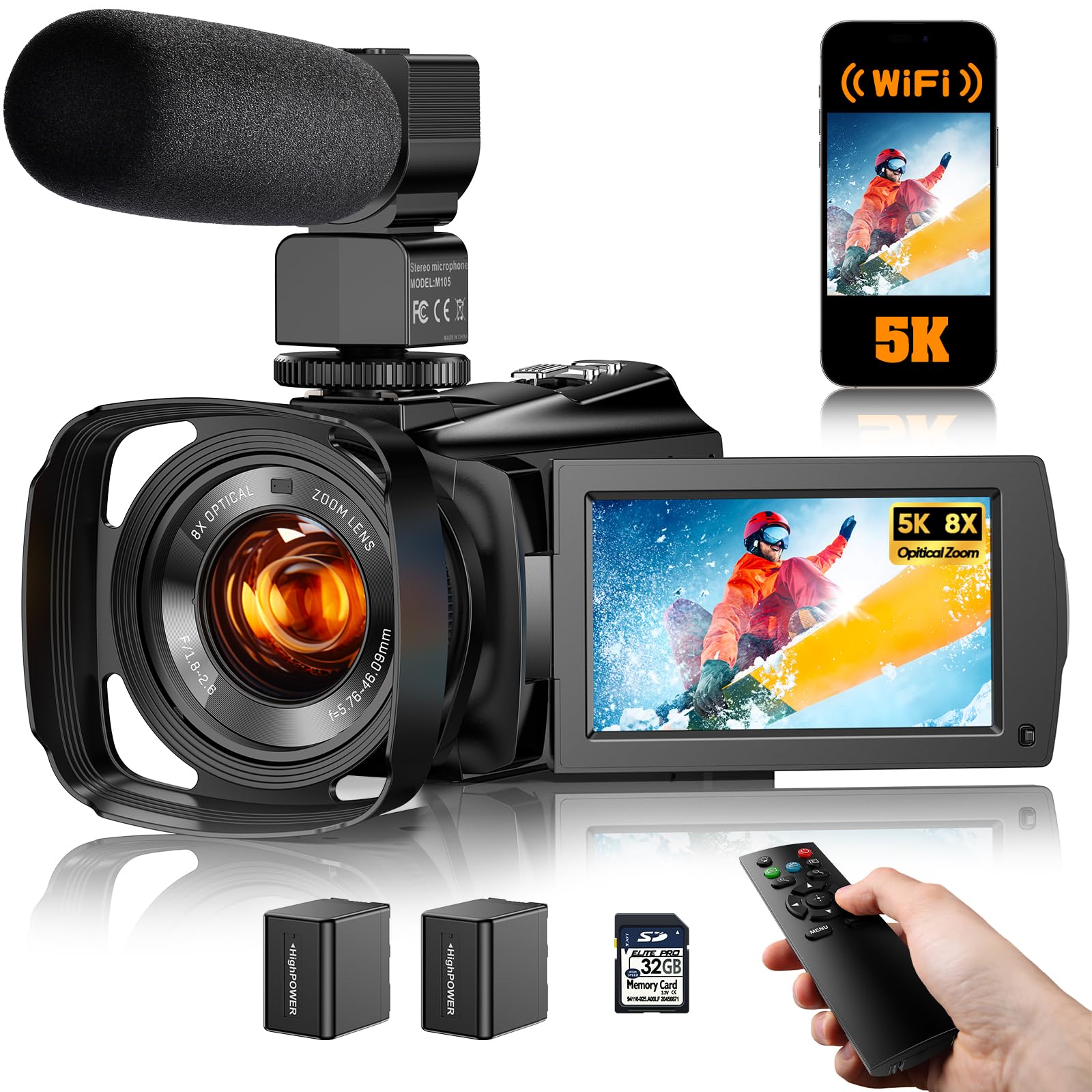 5K Video Camera Camcorder 8X Opitical Zoom Live Streaming Cameras 64MP WiFi Autofocus Vlogging Camera for Youtube with Full-color Night Vision, 3.6'' 270° IPS Touchscreen 32GB Card Video Recorder 1