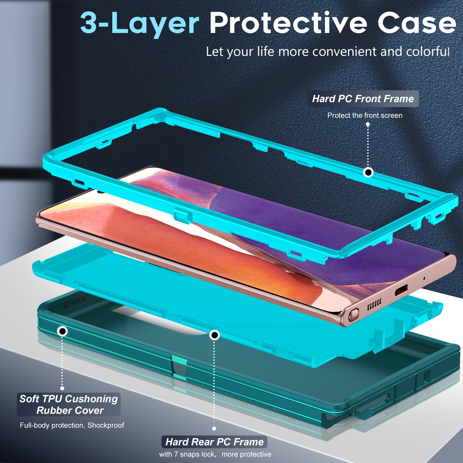 LeYi Compatible for Samsung Galaxy Note-20 Case[𝐍𝐨𝐭 𝐅𝐢𝐭 Note 20 Ultra]: Samsung Note 20 Case, Military Grade Protection, 3 in 1 Full Body Shockproof Drop Cell Phone Cover Funda Note20, Teal Blue 3