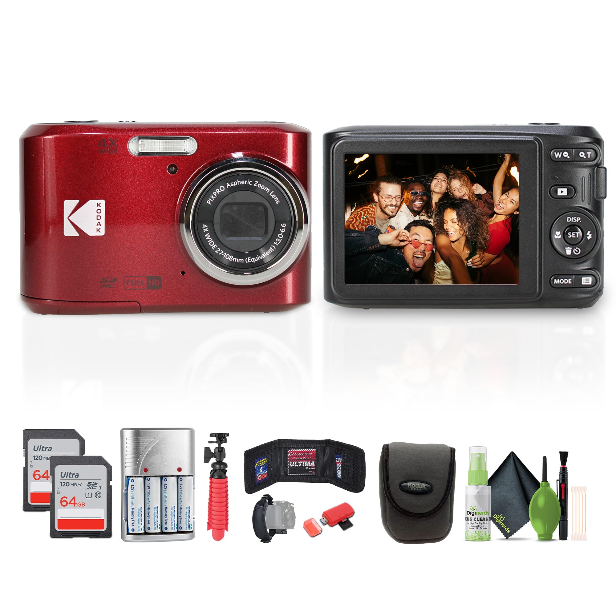 Kodak Pixpro FZ45 Digital Camera (Red) Bundle Including: 2X 64 GB Memory Card, Rechargeable Batteries, Camera Case, Flexible Tripod, Card Reader, Card Wallet, Hand Strap, Full Cleaning Kit 2