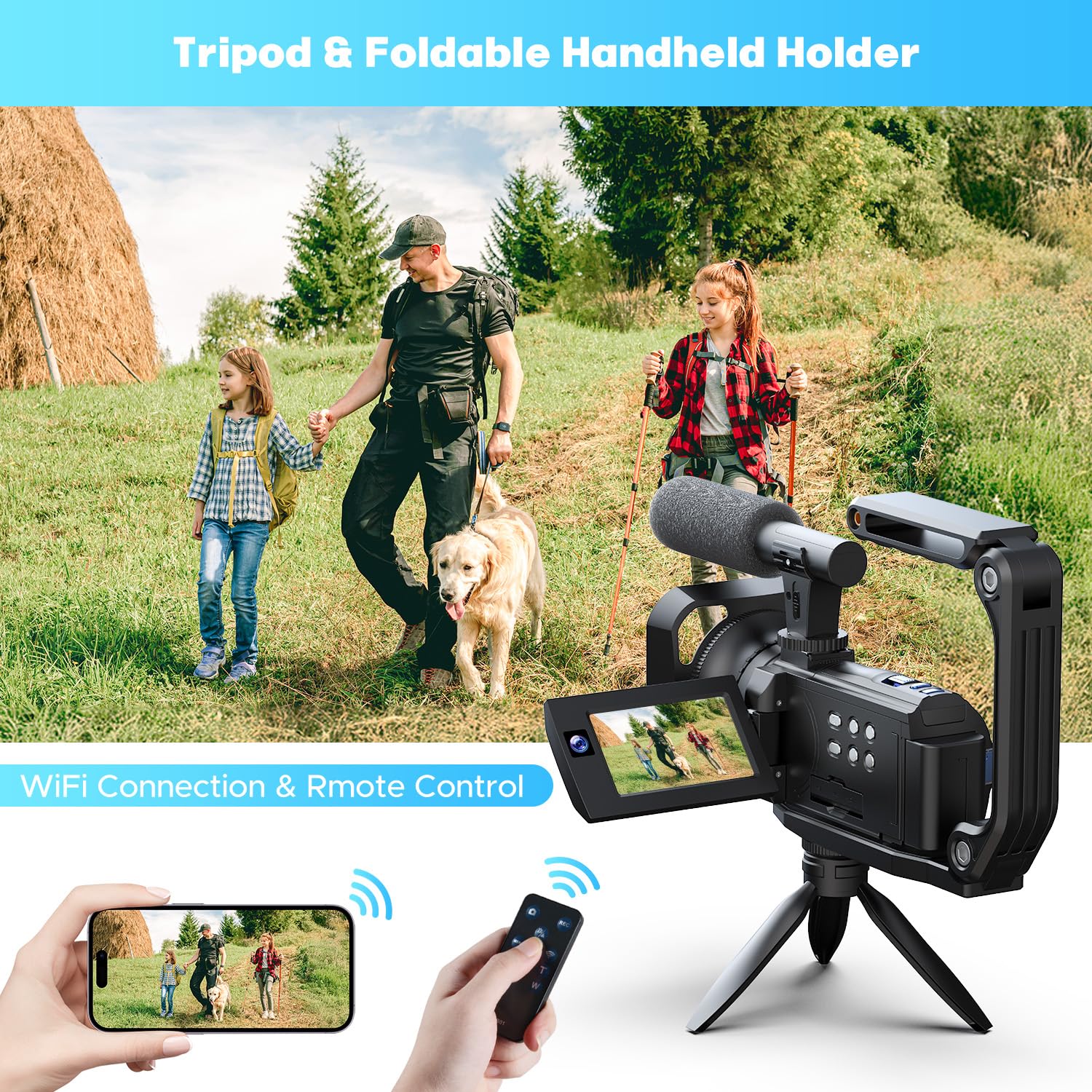 5K Video Camera Camcorder, 56MP Dual Lens Vlogging Camera for YouTube, Cam Corder with 3" 270° Flip Touch Screen,16X Zoom, Night Vision, WiFi, Remote, 64GB SD Card, 2 Batteries, Tripod, Webcam 6