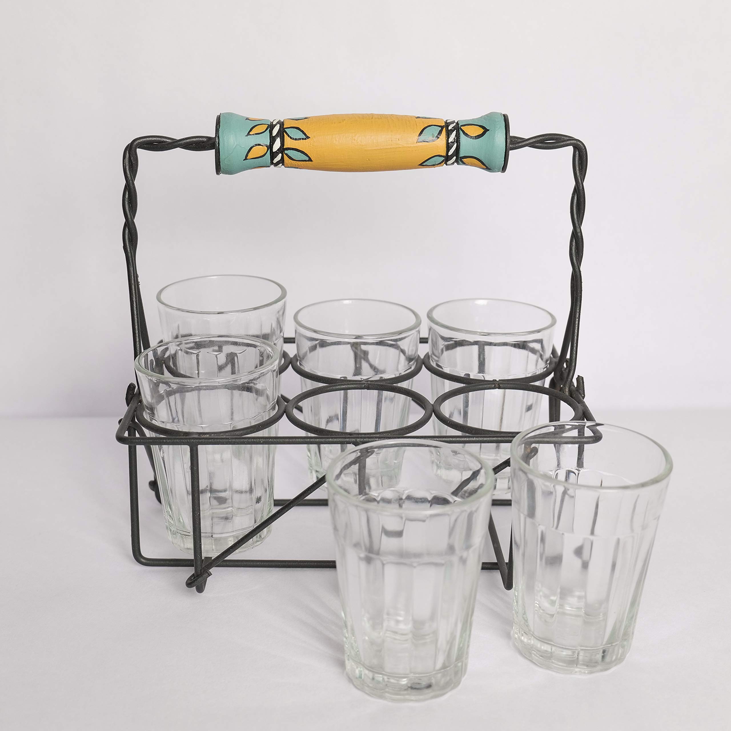 ARTYSTA BEAUTIFYING LIVES 'Leaflet Transparent' Cutting Chai Glasses With Stand | Tea Glass Set Of 6 With Stand | Dhaba Style Tea Glass Holder Carrier (Wrought Iron), 120 ML 3
