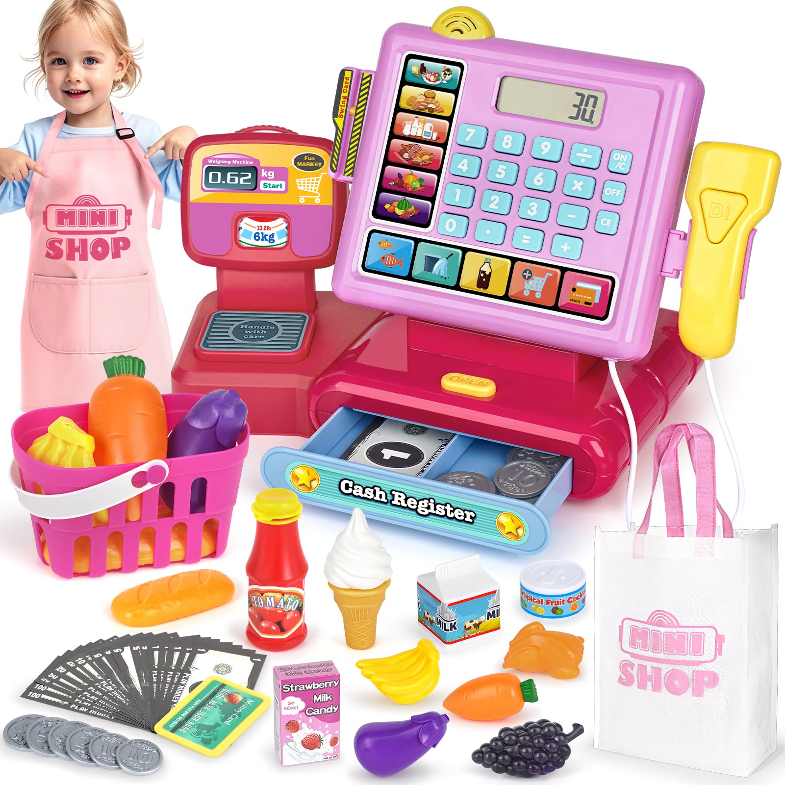 Dreamon Kids Cash Register Toy, Pretend Play Calculator Register Toys with Scanner, Apron, Credit Card, Play Food and Shopping Bag, Grocery Store Playset Preschool Gift for Kids Girls Age 3 4 5 6 7 1