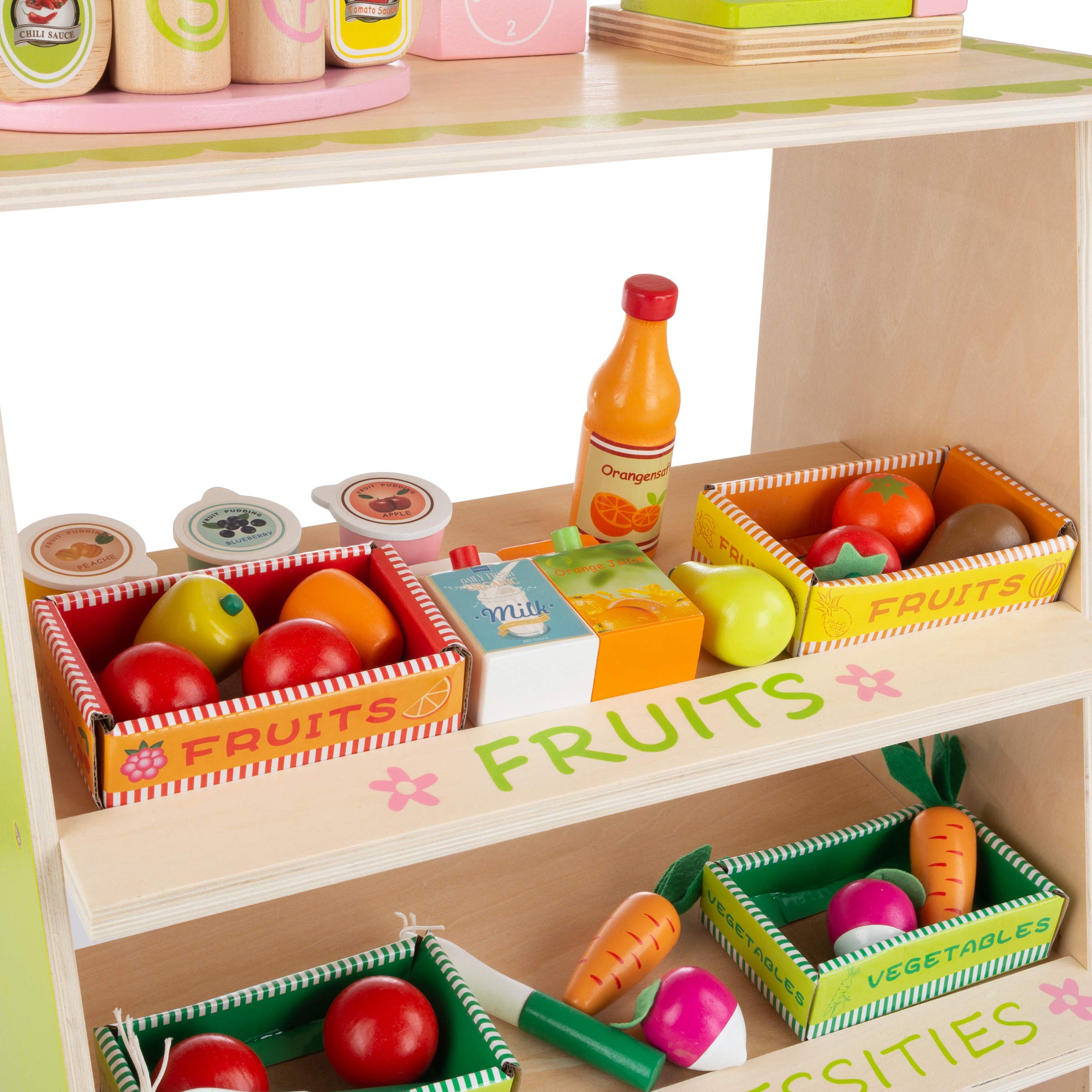 Hey! Play! Kids Fresh Market Selling Stand– Wooden Grocery Store Playset with Toy Cash Register, Pretend Credit Card and 31 Food Accessories 5