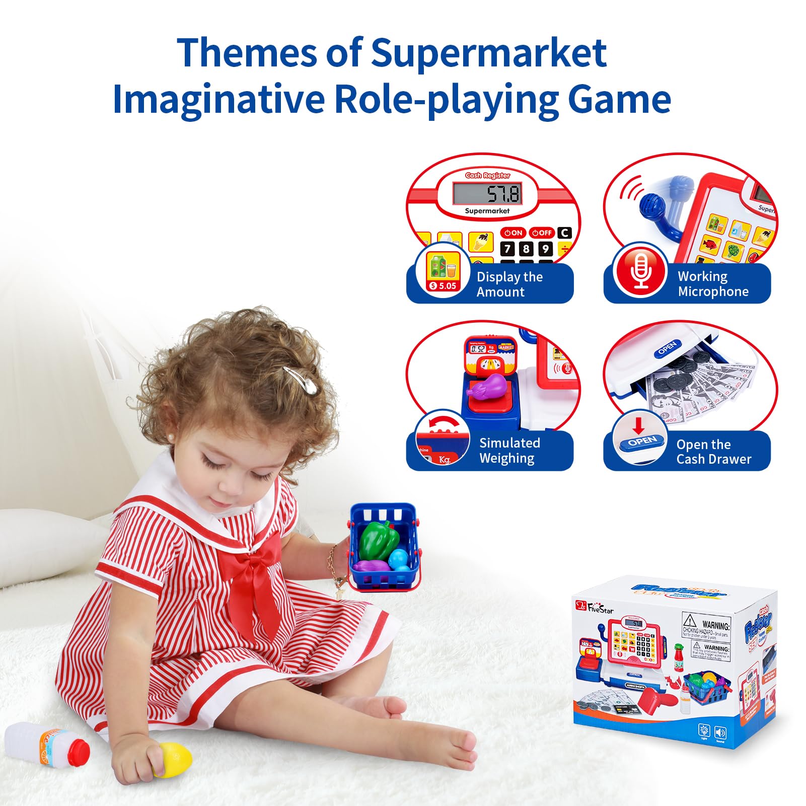 FS Toy Cash Register for Kids with Scanner, Play Money, Credit Card, Shopping Basket, Pretend Play Toys Grocery Store Items for Toddler Age 3-5-7 Years Old Boys and Girls Preschool Learning Activities 6