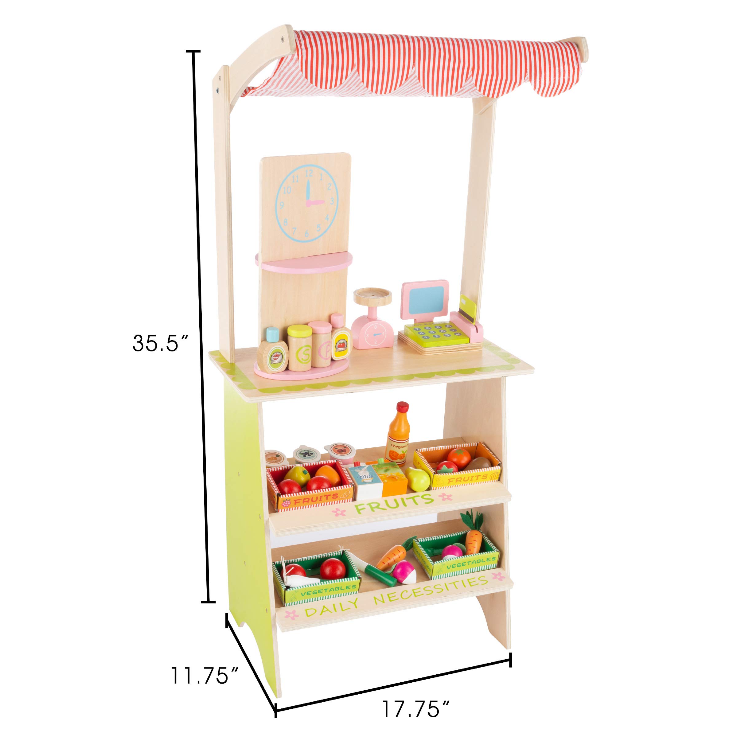 Hey! Play! Kids Fresh Market Selling Stand– Wooden Grocery Store Playset with Toy Cash Register, Pretend Credit Card and 31 Food Accessories 3