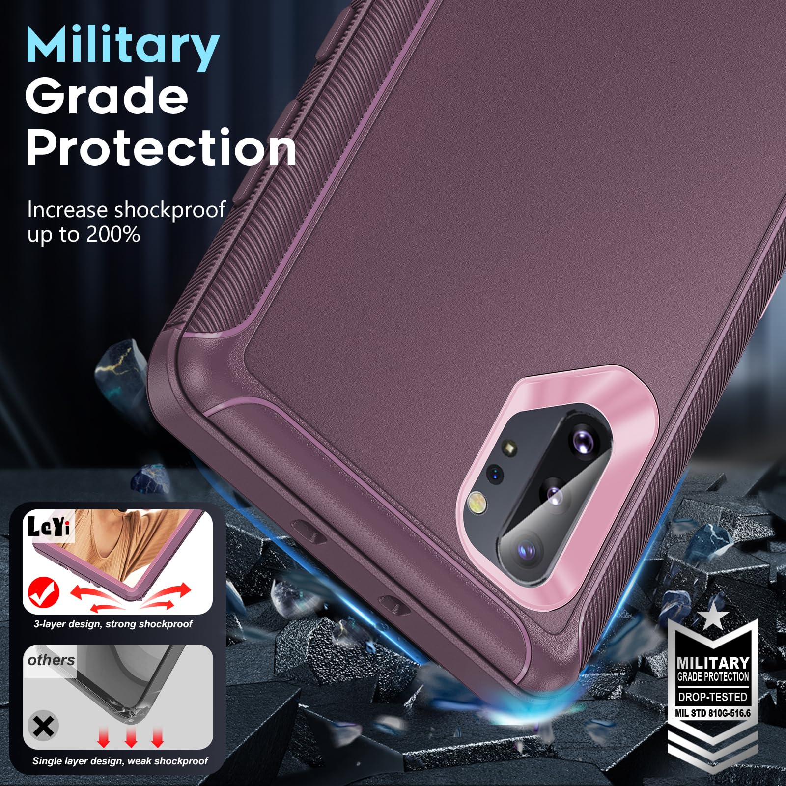 LeYi Compatible for Note 10 Plus Phone Case: Upgrade 3-in-1 Full Body Shockproof Rubber Outer Cover Heavy Duty Tough Rugged Dustproof Defender Protection Case for Galaxy Note 10 Plus, Wine Red/Pink 5