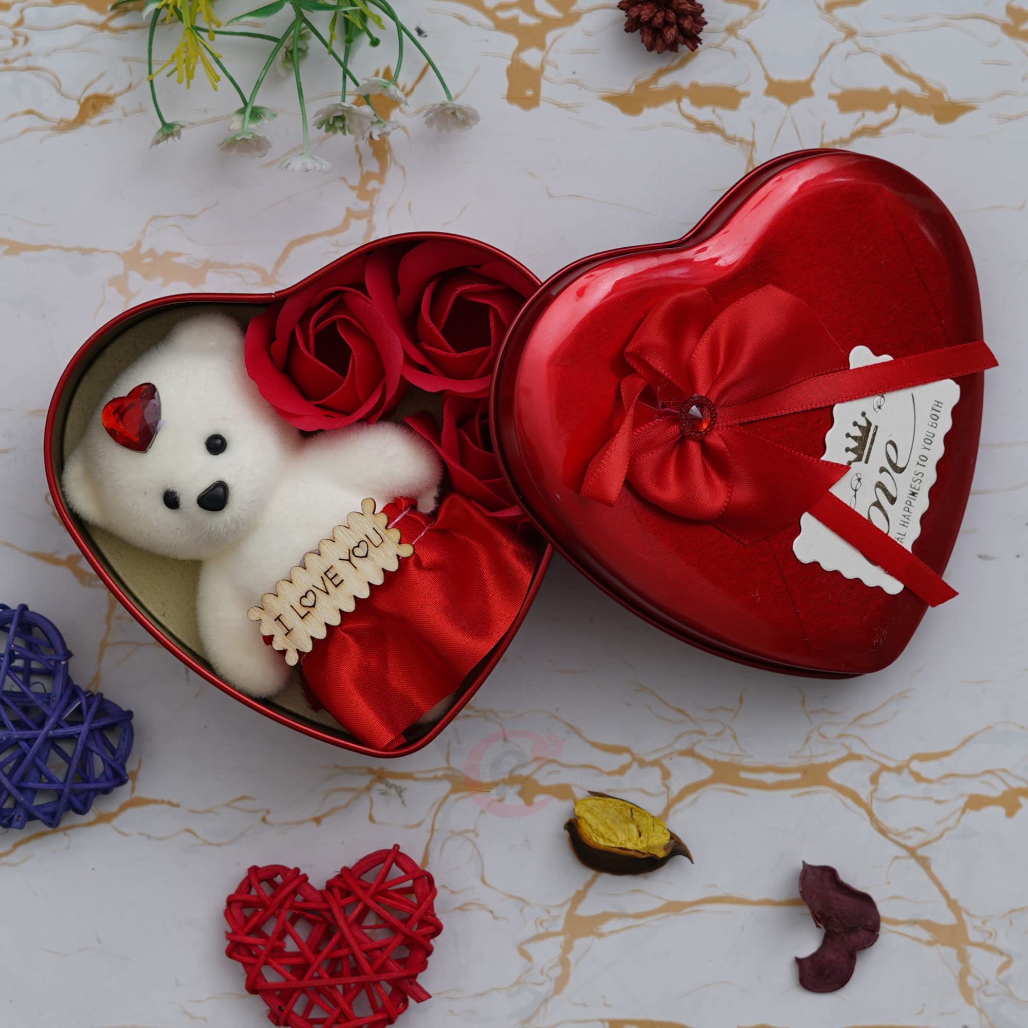 eCraftIndia Heart Shaped Valentine's Day Gift Box with I Love You Message, White Teddy Bear, and 3 Red Roses- Gift for Husband, Wife, Girlfriend, Boyfriend - Suitable for Teddy Day, Anniversary 3
