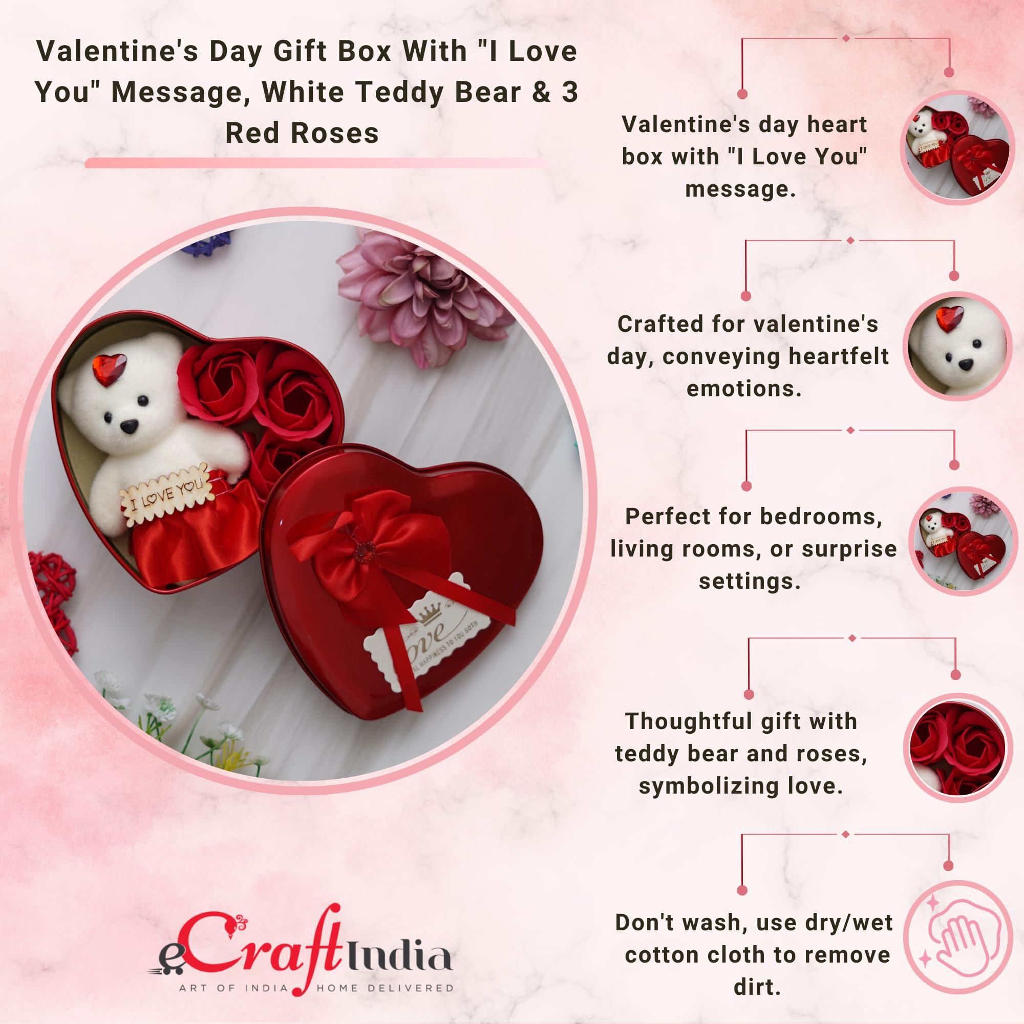 eCraftIndia Heart Shaped Valentine's Day Gift Box with I Love You Message, White Teddy Bear, and 3 Red Roses- Gift for Husband, Wife, Girlfriend, Boyfriend - Suitable for Teddy Day, Anniversary 6