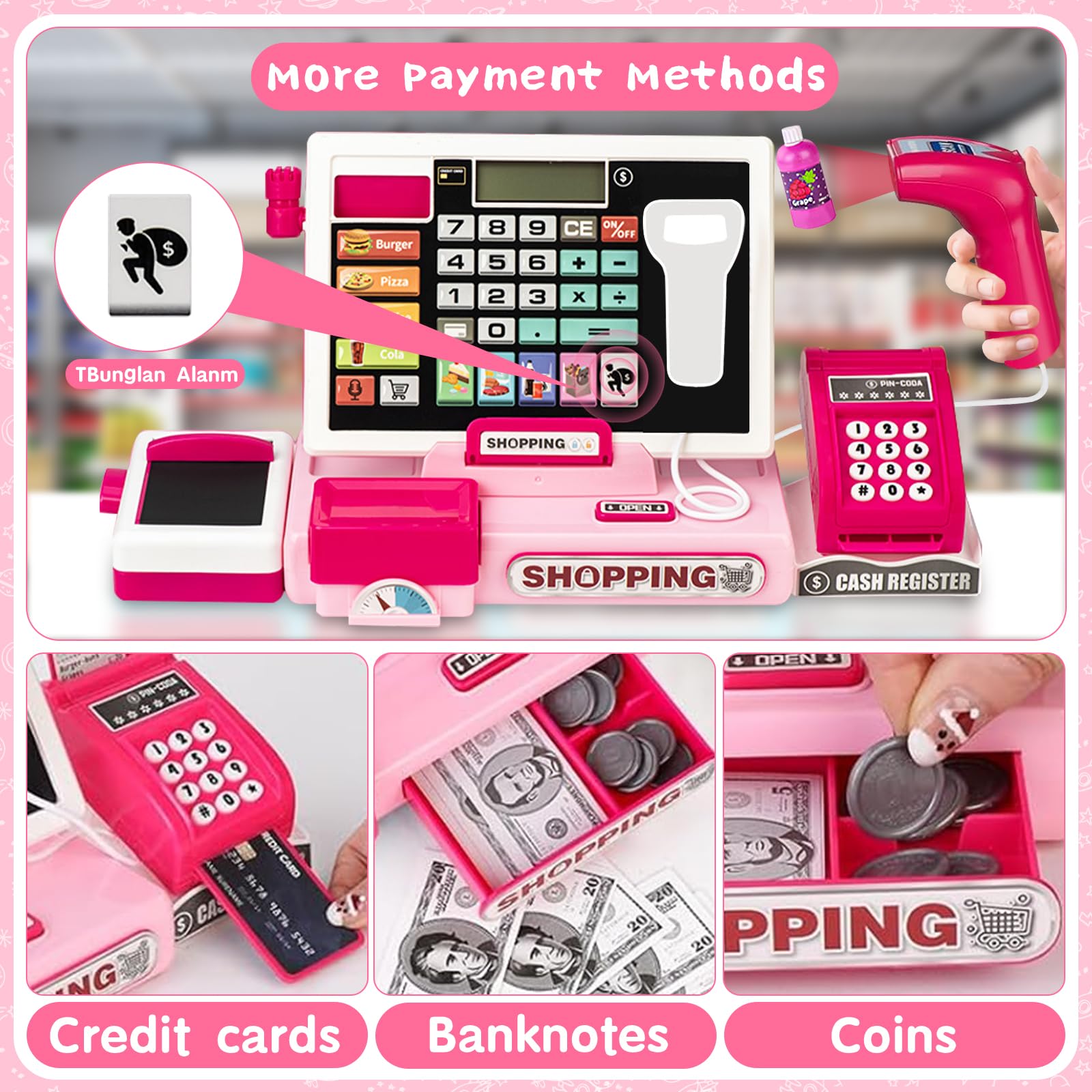 VOPOGLNE Cash Register Playset Toy for Kids, Real Calculator Register, Pretend Play Store with Music, Scanner, Play Money, Food, Microphone, Preschool Learning Toy Playset Gift for Toddler Boy Girl 5