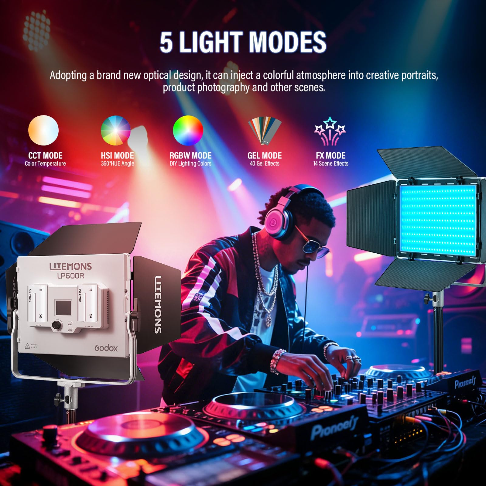 Godox Litemons LP600R RGB LED 2-Light Kit with 4-Pack NP-F970 Batteries & Chargers, 60W Full Color Light Bundle, 1800-10000K, 2 Light Stands & Case, Portable Dual Battery Power for Video Recording 4