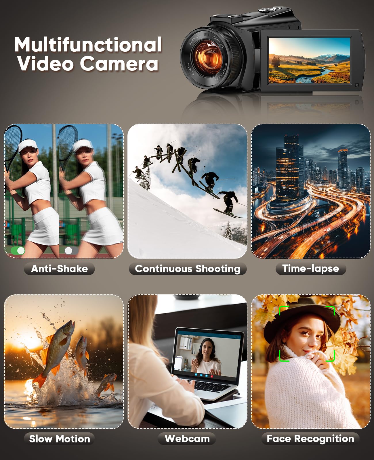 5K Video Camera Camcorder 8X Opitical Zoom Live Streaming Cameras 64MP WiFi Autofocus Vlogging Camera for Youtube with Full-color Night Vision, 3.6'' 270° IPS Touchscreen 32GB Card Video Recorder 6