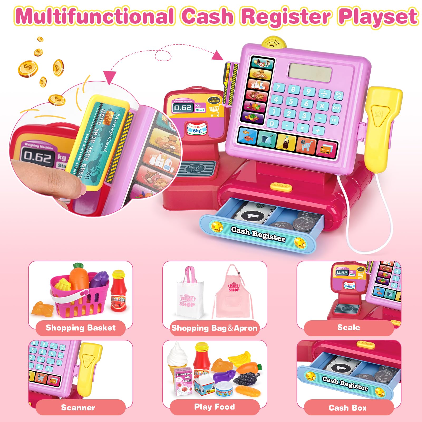 Dreamon Kids Cash Register Toy, Pretend Play Calculator Register Toys with Scanner, Apron, Credit Card, Play Food and Shopping Bag, Grocery Store Playset Preschool Gift for Kids Girls Age 3 4 5 6 7 6