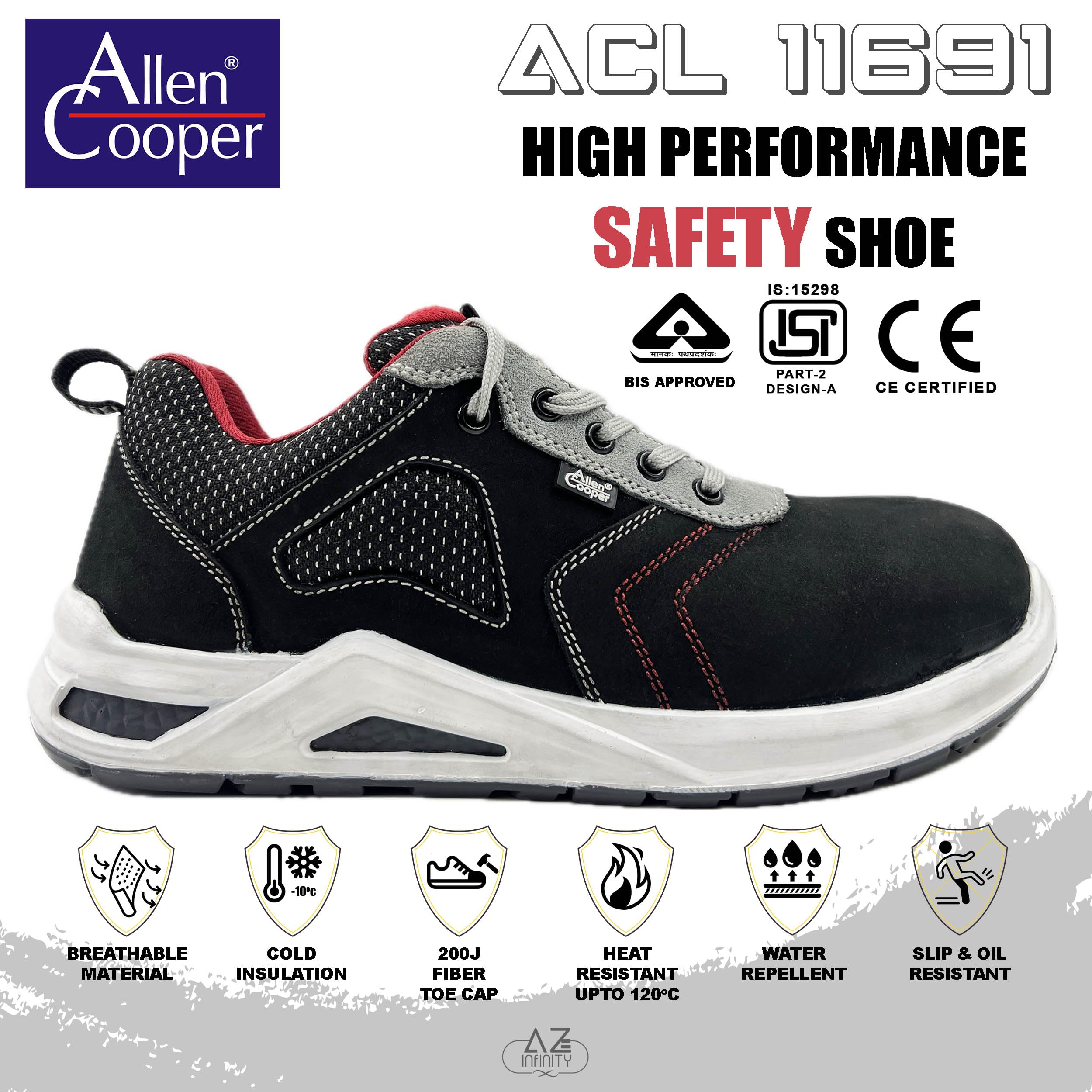 Allen Cooper ACL 11691 High Performance Popcorn Safety Shoe | 200J Fiber Toe Cap | Anti-Skid, Anti-Static, Heat, Water & Oil Resistant, Lightweight Protective Footwear (10) Black 3