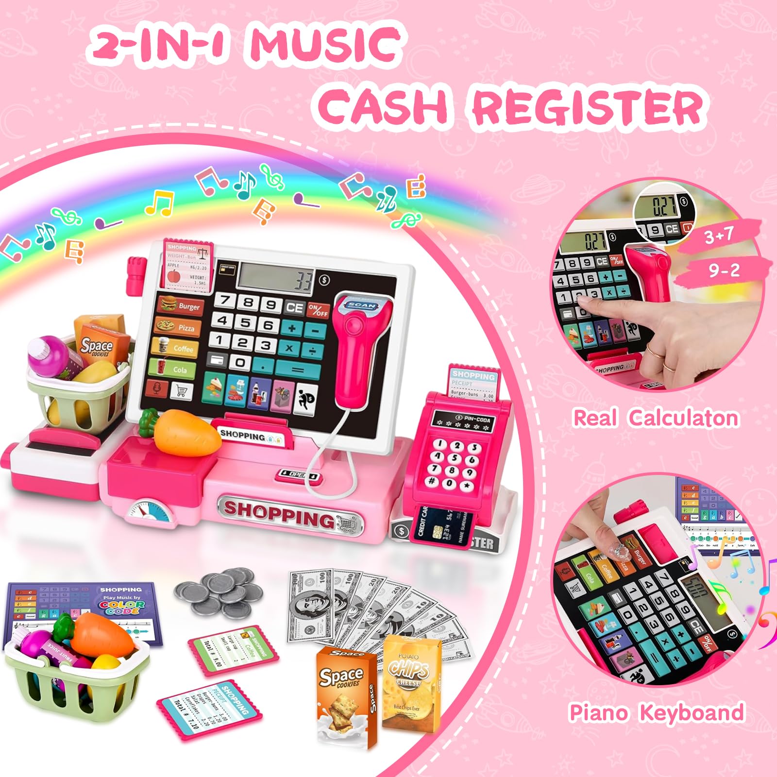 VOPOGLNE Cash Register Playset Toy for Kids, Real Calculator Register, Pretend Play Store with Music, Scanner, Play Money, Food, Microphone, Preschool Learning Toy Playset Gift for Toddler Boy Girl 3